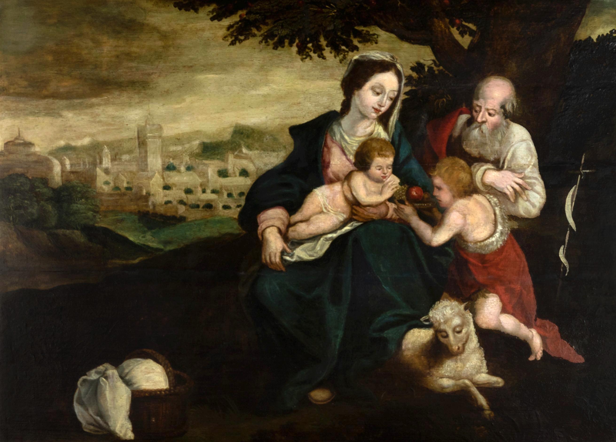 Huilé The Holy Family And Saint John The Baptist Painting 17th Century Religious Art (La Sainte Famille et Saint John Johns, peinture religieuse du 17e siècle) en vente