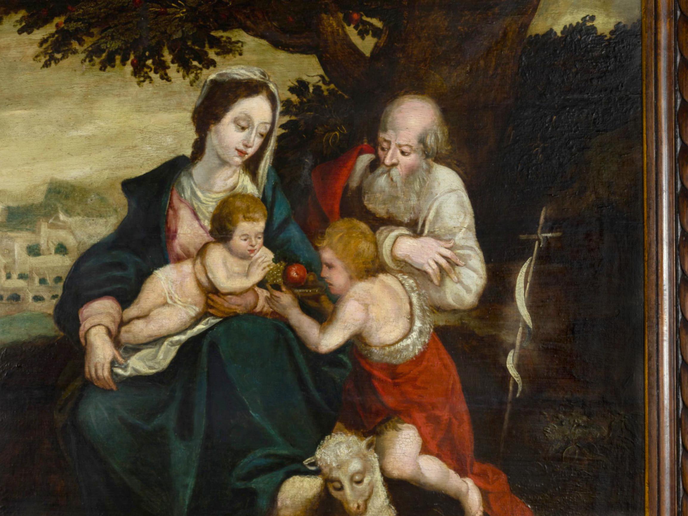The Holy Family And Saint John The Baptist Painting 17th Century Religious Art In Good Condition For Sale In Lisbon, PT