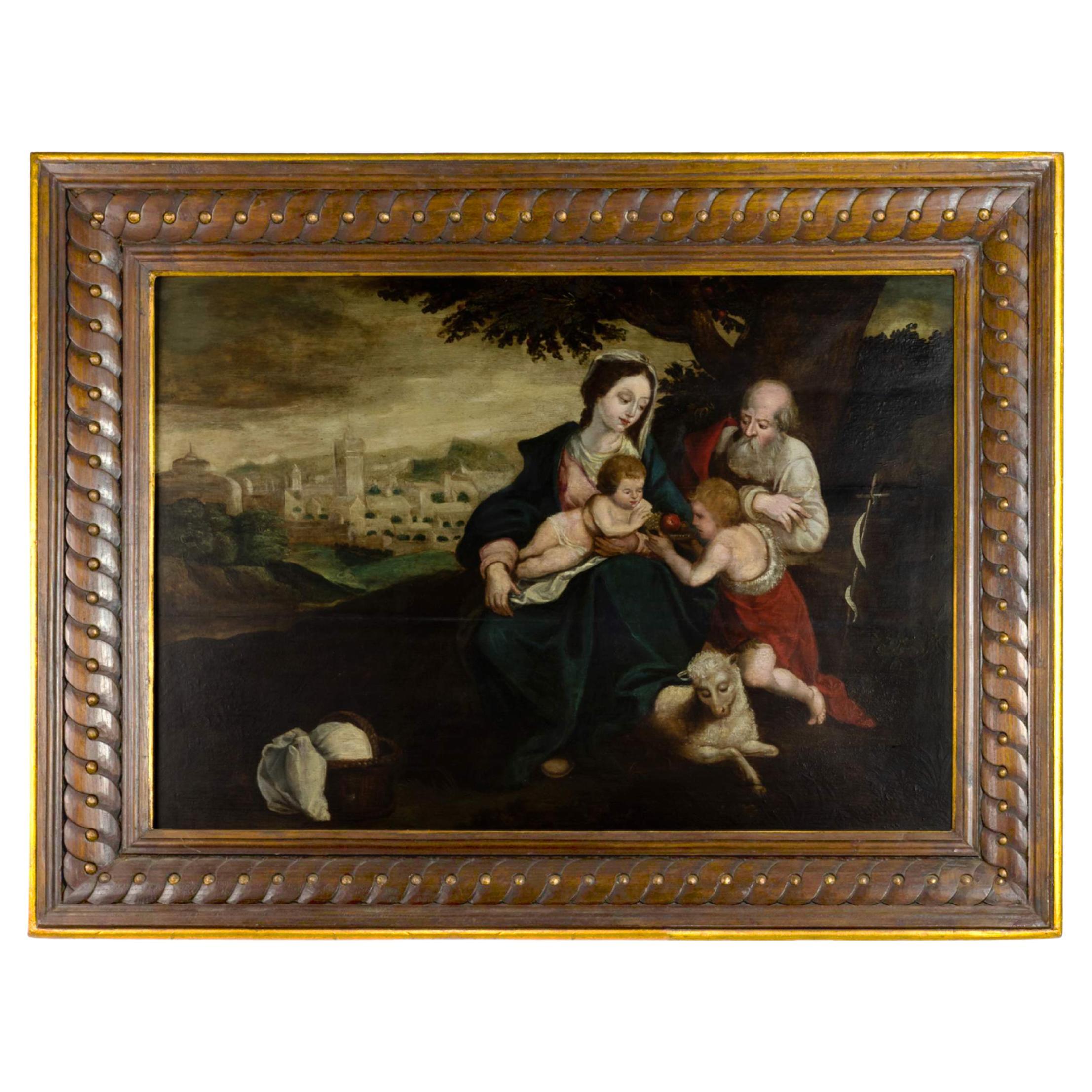 The Holy Family And Saint John The Baptist Painting 17th Century Religious Art (La Sainte Famille et Saint John Johns, peinture religieuse du 17e siècle) en vente