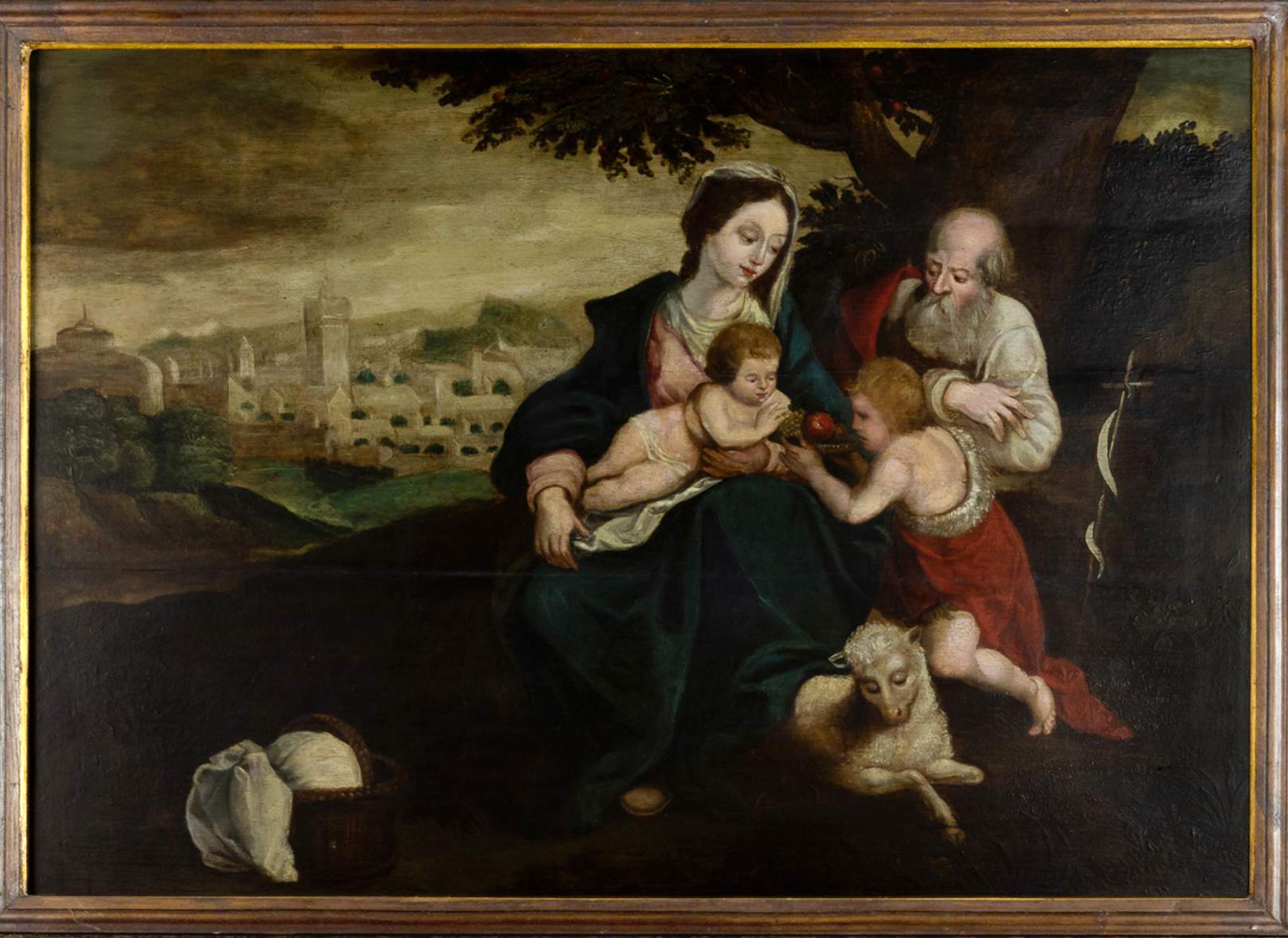 Oiled The Holy Family And St John The Baptist Religious Panel, 17th Century For Sale