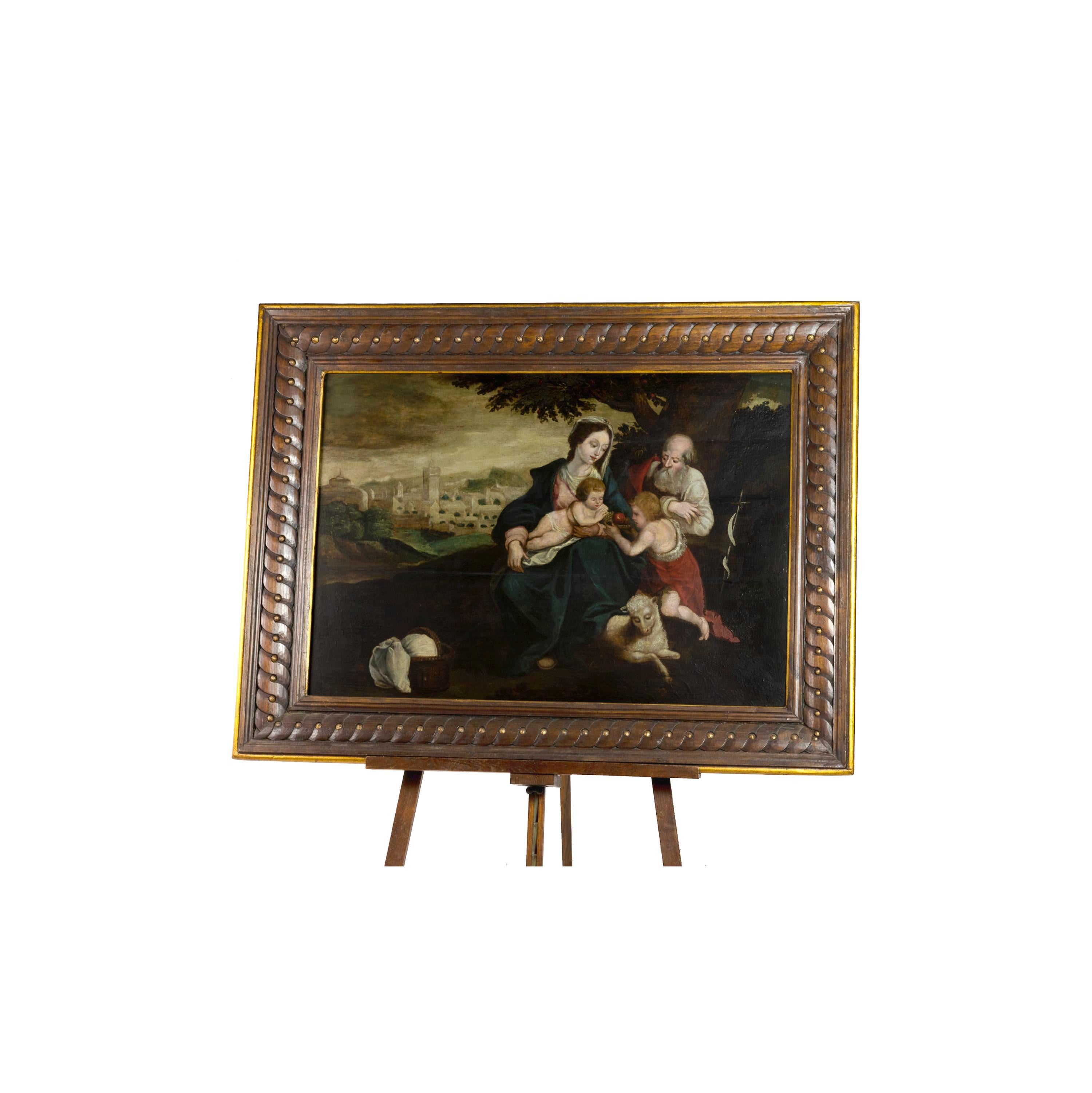 The Holy Family And St John The Baptist Religious Panel, 17th Century In Good Condition For Sale In Lisbon, PT