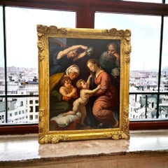 Die Heilige Familie, Öl auf Leinwand, geformter Rahmen aus goldenem Holz, Italien, 18. Jahrhundert