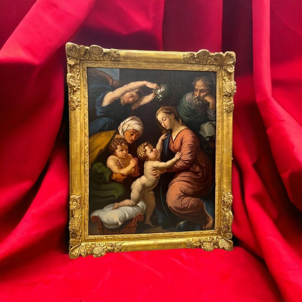 Renaissance The Holy Family, Oil On Canvas, golden wood sculpted frame, Italy, 18th Century