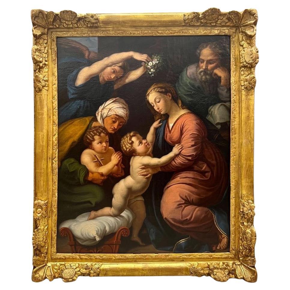 The Holy Family, Oil On Canvas, golden wood sculpted frame, Italy, 18th Century