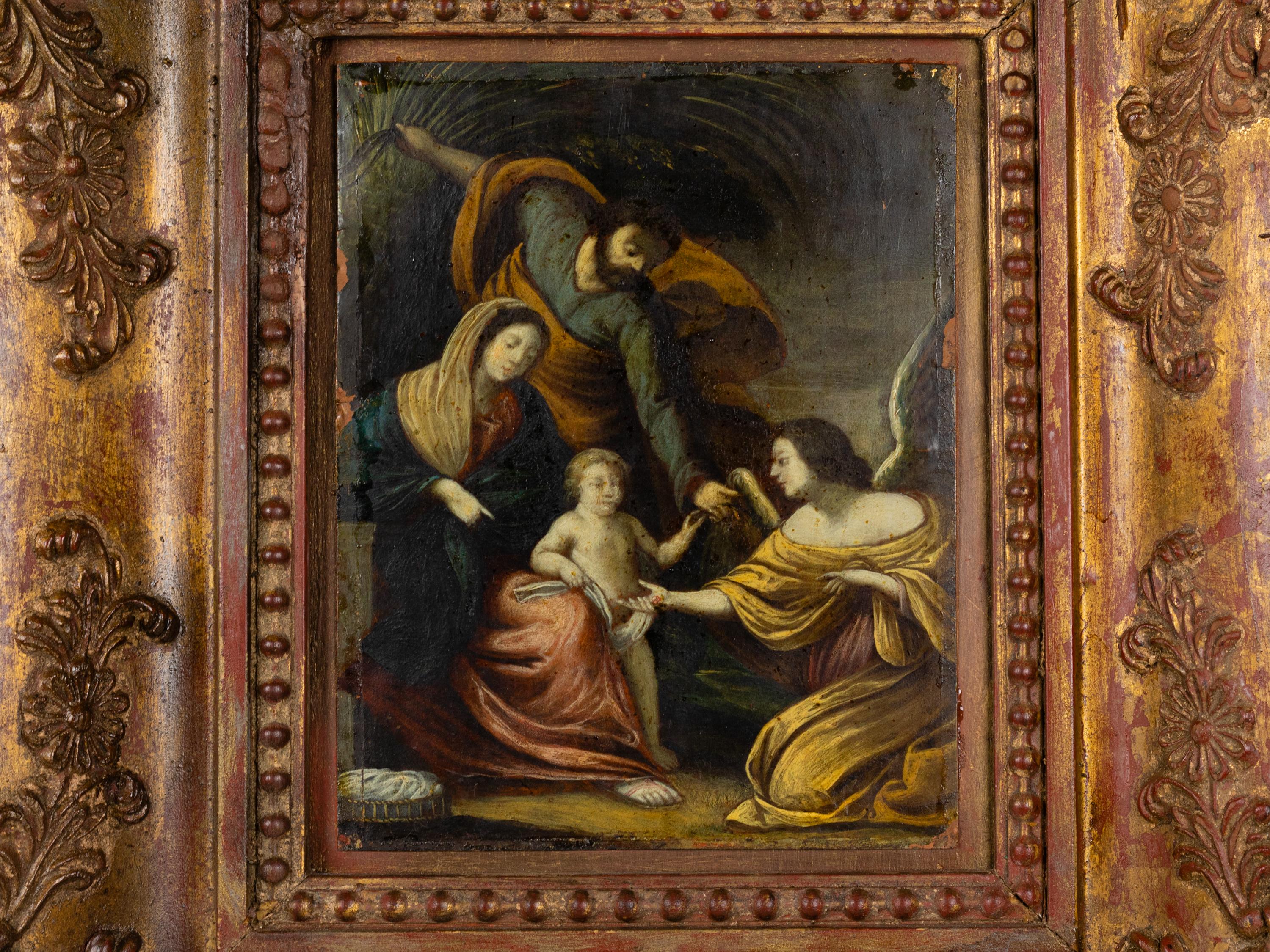 Ein Gemälde aus dem 18. Jahrhundert, das die Heilige Familie, das Jesuskind, die Jungfrau Maria und den älteren Joseph mit dem Engel darstellt.
Öl auf Kupfer.  

Rahmen:
Breite: 18,11 Zoll (46 cm) 
Tiefe: 15,74 Zoll (40 cm) 

Segeltuch:
Breite: 8,85