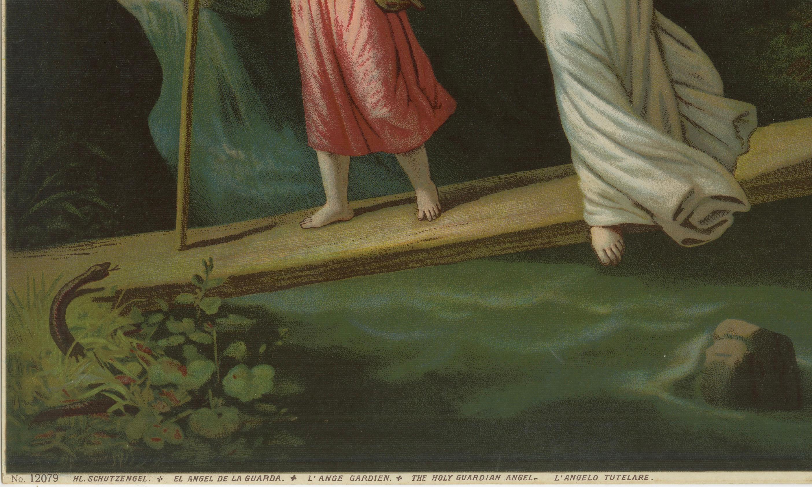 Der Heilige Schutzengel, der ein Kind beschützt - Antike deutsche Chromolithographie, 1900

Diese wunderschön komponierte antike deutsche Chromolithografie zeigt den Heiligen Schutzengel, der ein kleines Kind sanft führt und beschützt, während es