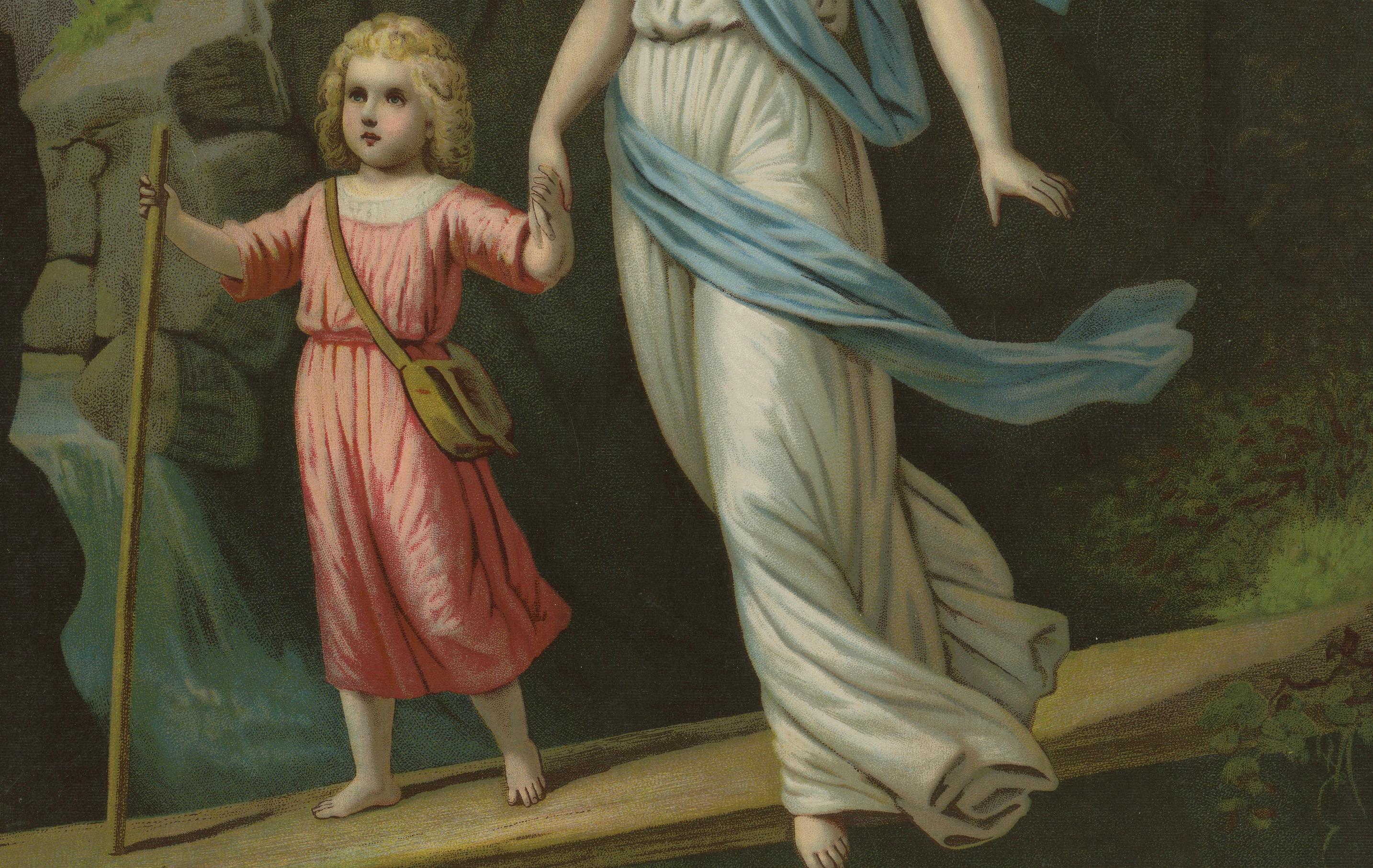 Der Heilige Schutzengel, der ein Kind beschützt - Antike Chromolithographie, 1900 (Deutsch) im Angebot