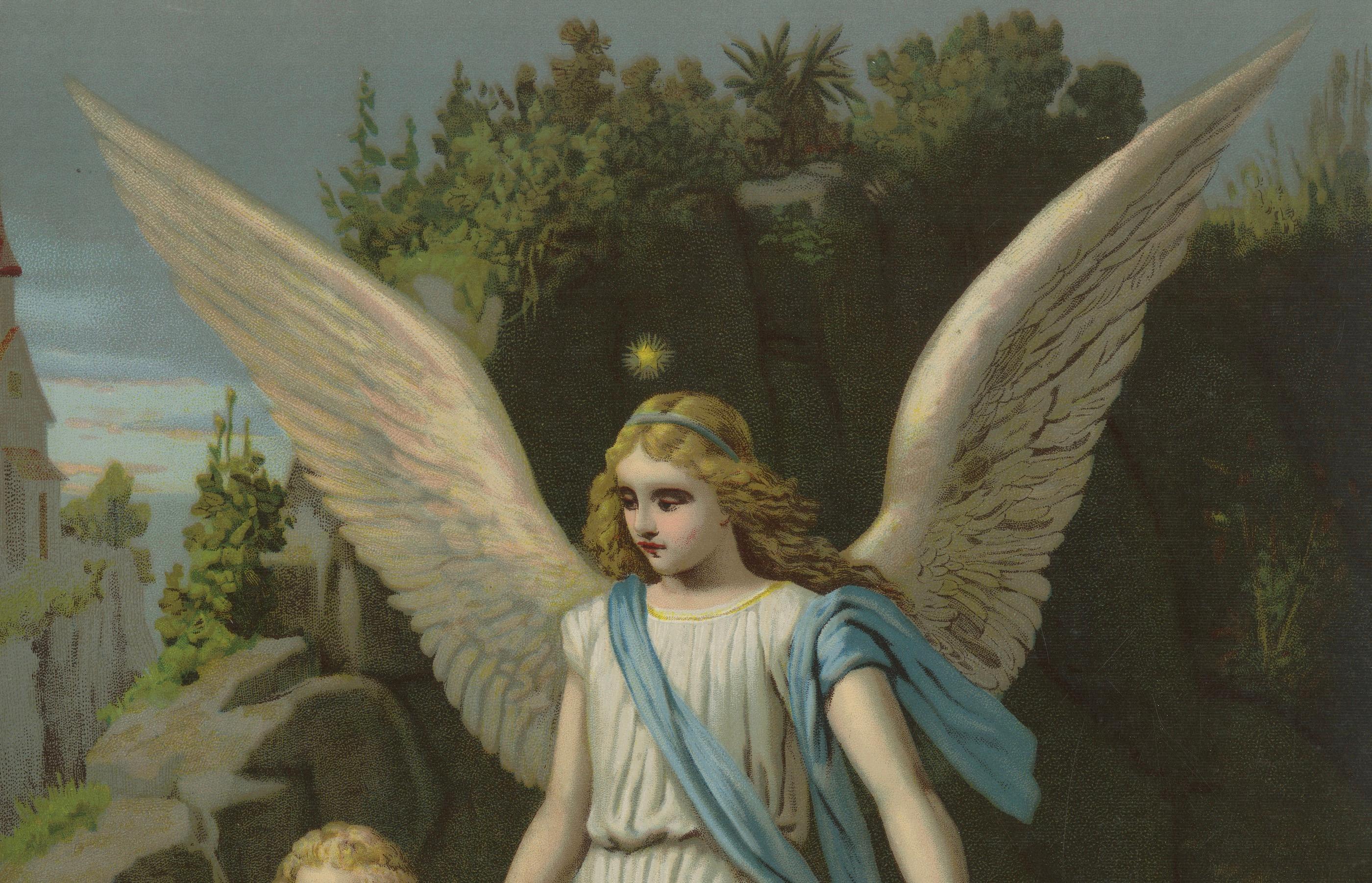 Der Heilige Schutzengel, der ein Kind beschützt - Antike Chromolithographie, 1900 im Zustand „Gut“ im Angebot in Langweer, NL