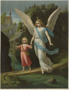 Der Heilige Schutzengel, der ein Kind beschützt - Antike Chromolithographie, 1900
