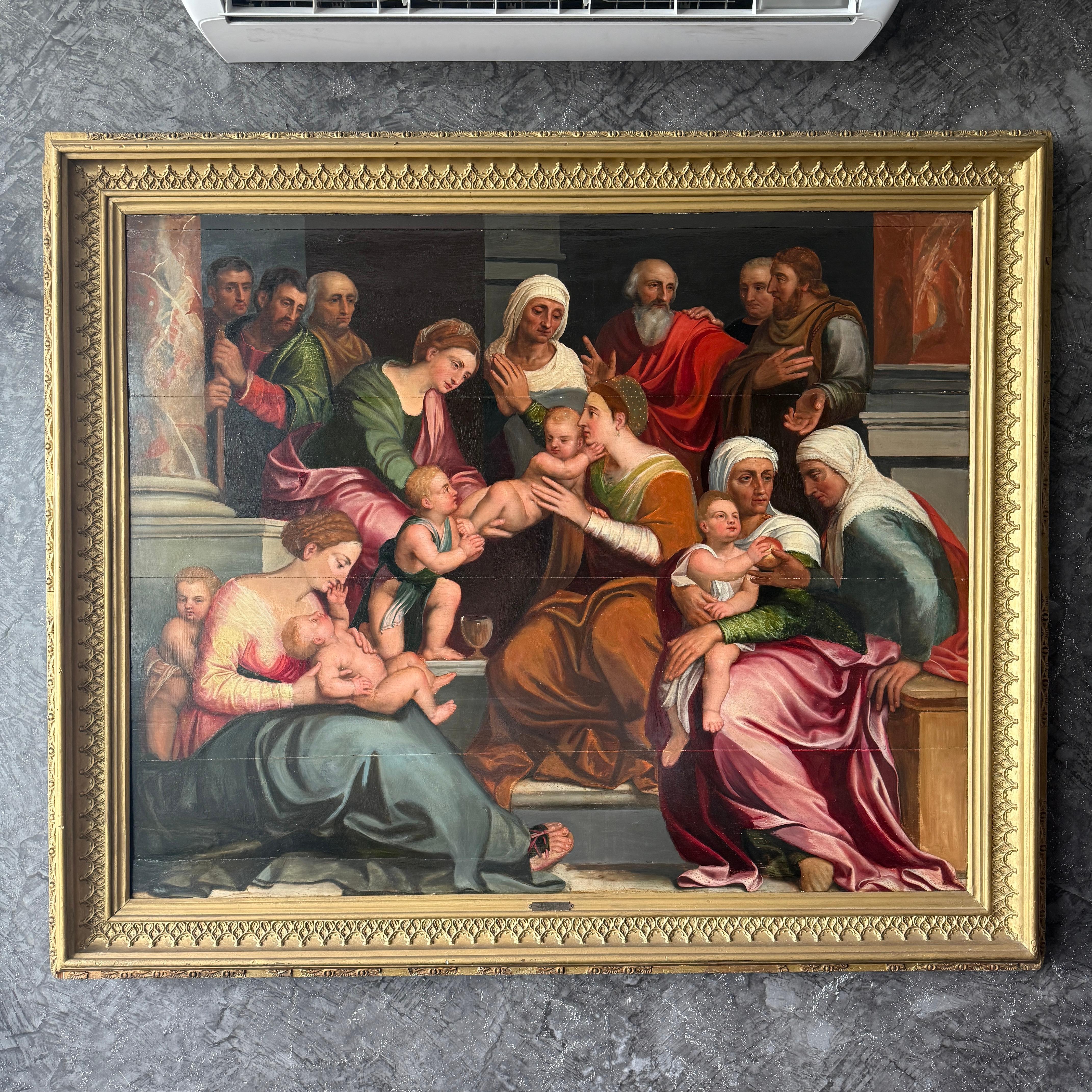 Dieses beeindruckende Ölgemälde aus dem 16. Jahrhundert auf einer Holzlattentafel zeigt *Die heilige Verwandtschaft Marias*, ein verehrtes religiöses Thema in der Kunst der nördlichen Renaissance. Die Komposition vereint die Großfamilie der Jungfrau
