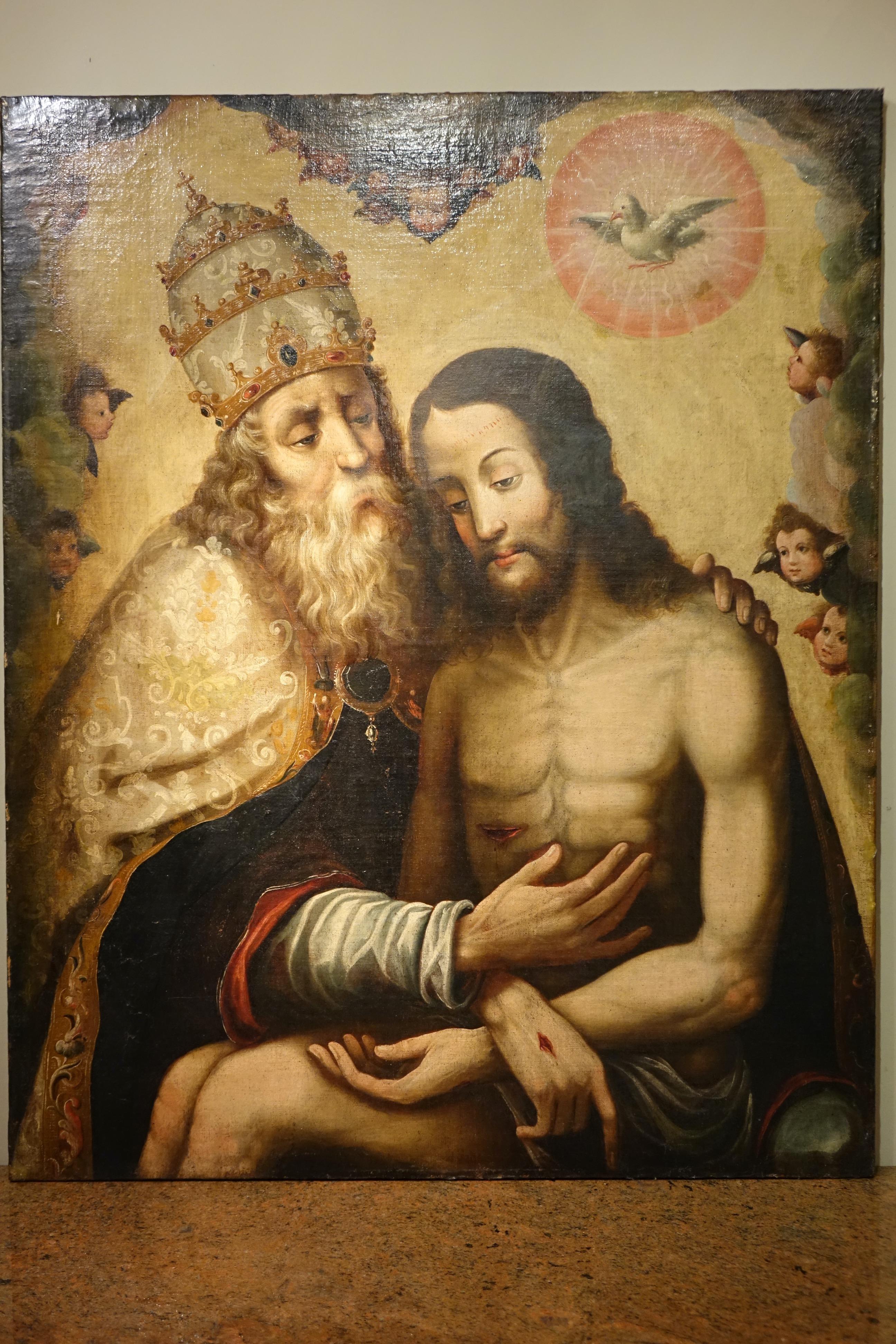 Large oil on canvas representing the Holy Trinity.
It is painted here as a Throne of Grace, vertically, with Jesus dead on the Cross, or supported by God the Father, with the Holy Spirit between or above them (the dove).
Spain, 17th c.
Re- lined,
