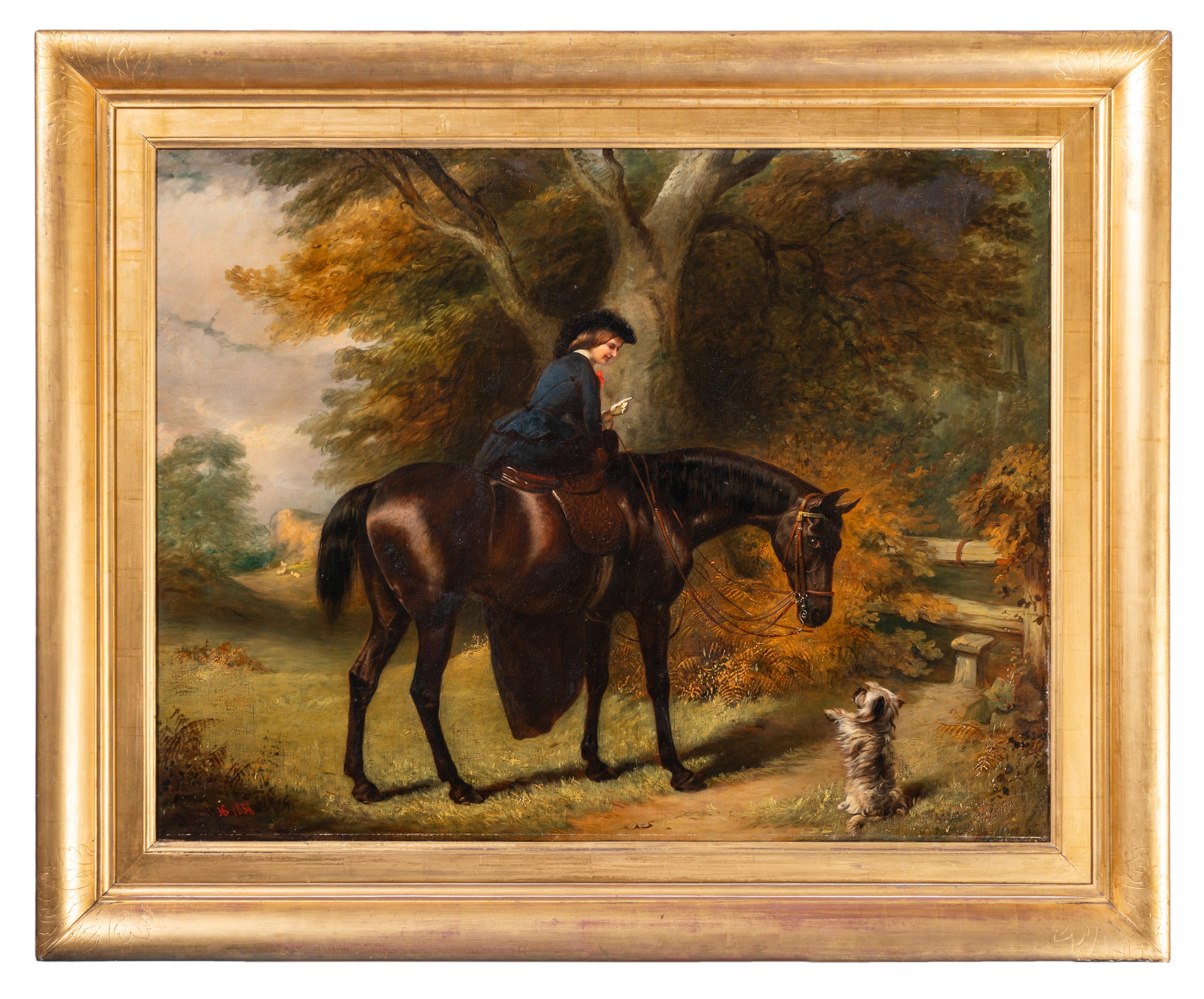 Die Gräfin von Uxbridge reitet auf Rose", einem dunkelbraunen Hunter mit einem Terrier an der Seite