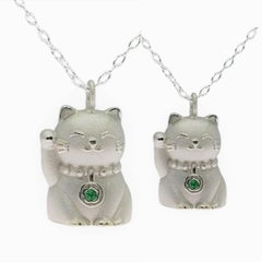 The Hope Cat or Maneki Neko, the Japanese Welcoming Cat in Silver and Emerald