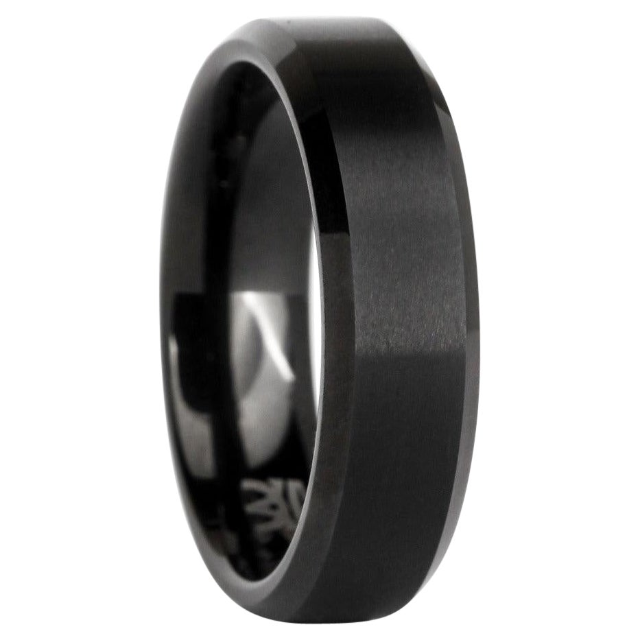The Hopkins : Fascia nuziale in tungsteno nero lucido con bordo smussato e profilo spazzolato