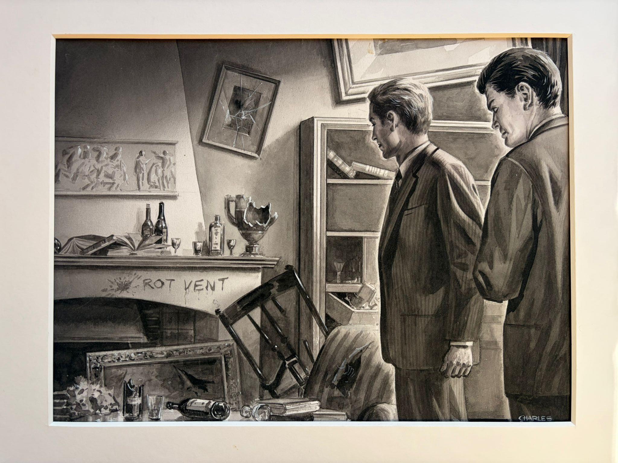 Das Haus, das wartete - Original-Krimi-Illustration von Charles Burki, 1965

Diese fesselnde Illustration im Noir-Stil von Charles Burki (1909-1994), signiert und datiert 1965, zeigt eine angespannte Ermittlungsszene in einem durchwühlten Innenraum.