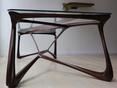 Howard Table- Modern Hand Carved Sapele Wood Sculptural Dining Table-Glass Top