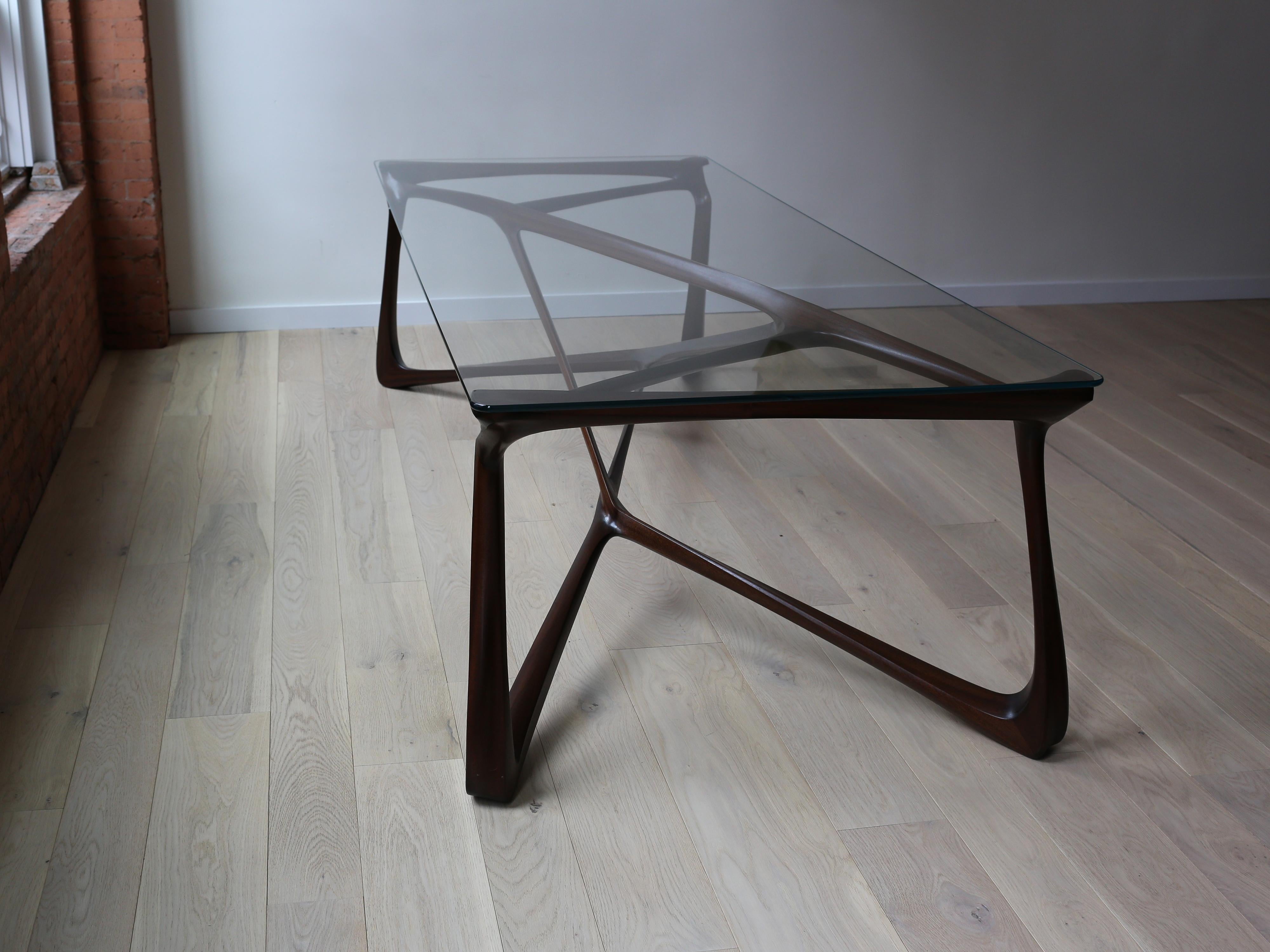 American Howard Table- Modern Hand Carved Sapele Wood Sculptural Dining Table-Glass Top For Sale