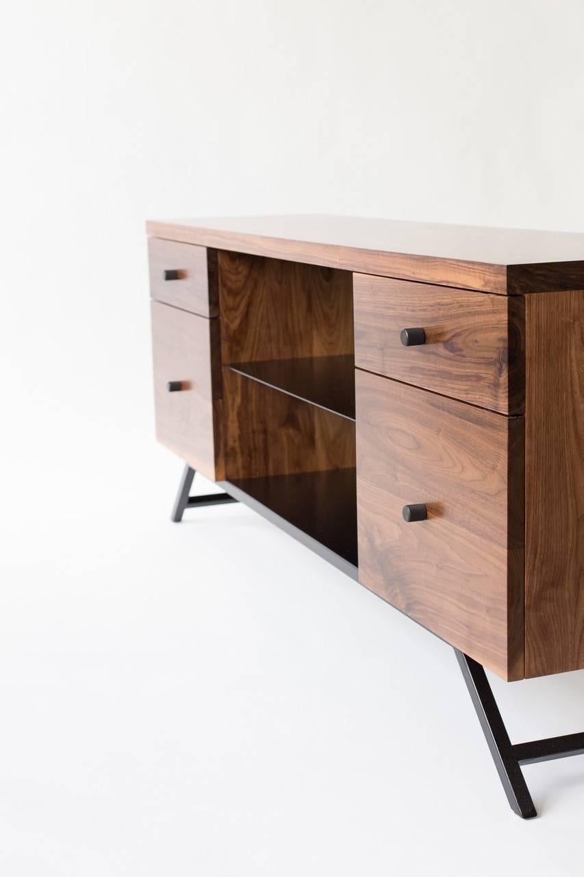 Contemporary The Hudson, Modern Walnut and Powder Coated Steel Credenza For Sale