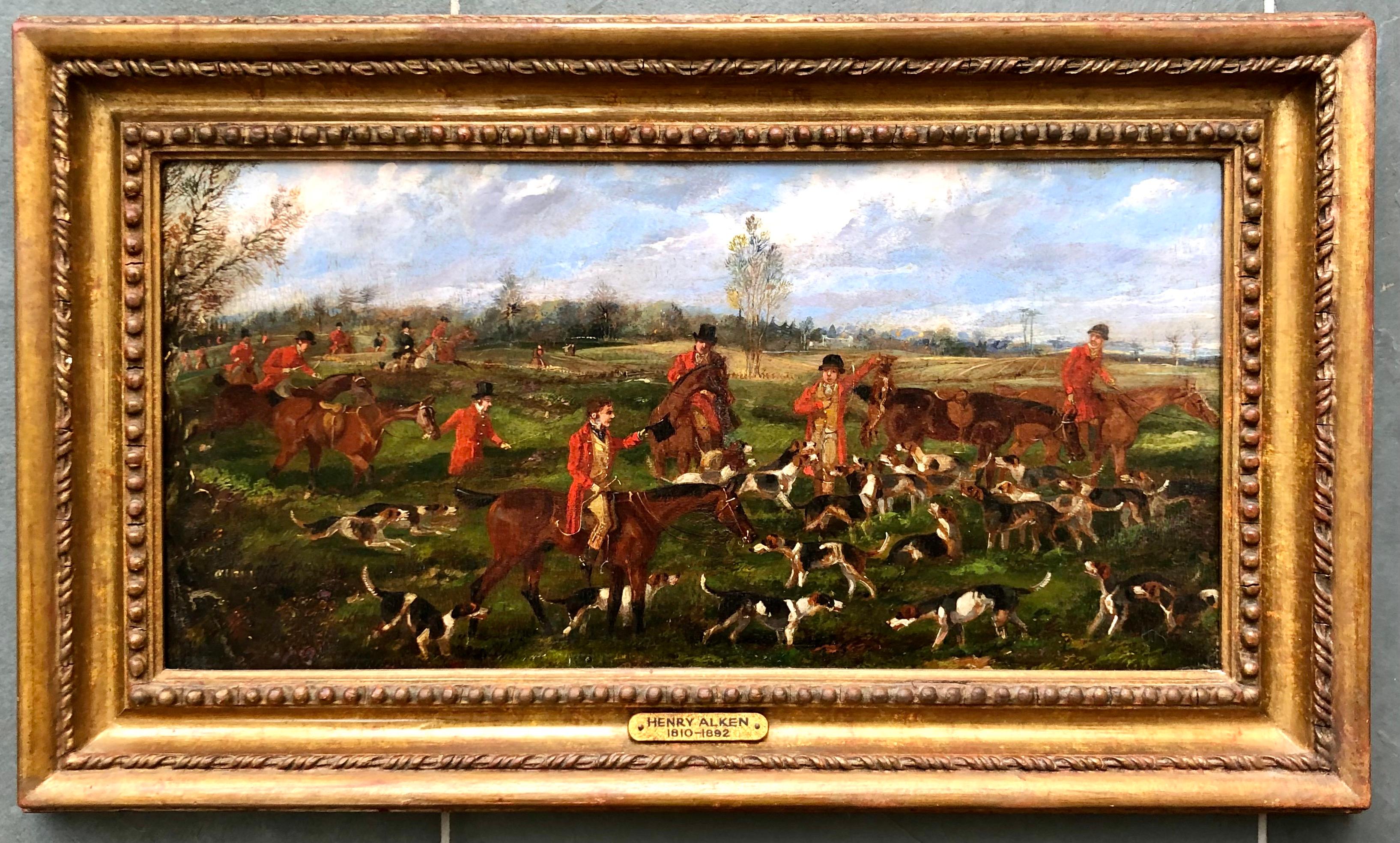 Oil on panel. With MacConnal-Mason and Son, Ltd label on reverse. 
Featuring the 'kill' of an English fox hunt scene.
Painting measures 7.25
