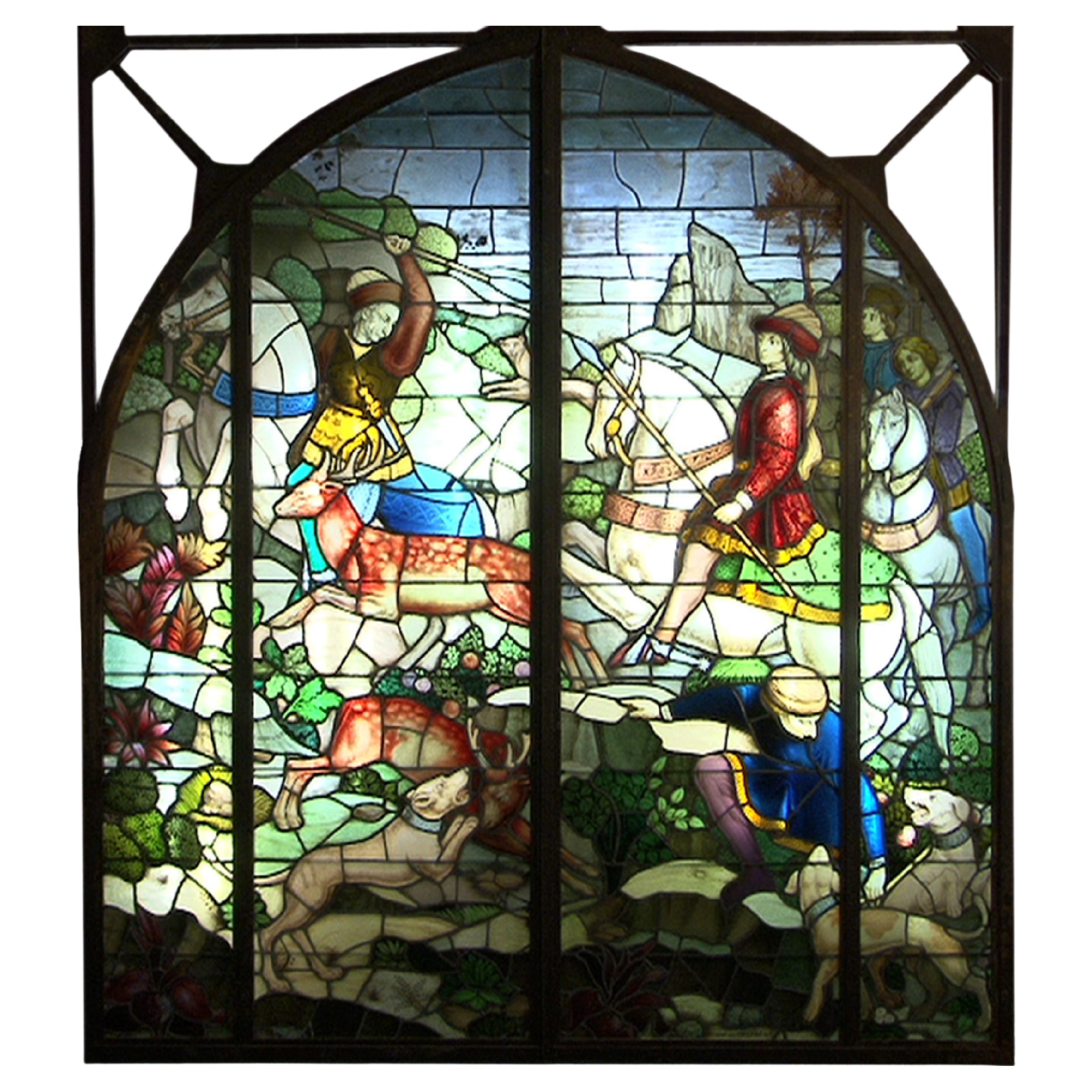 "The Hunt", Large Historic Stained Glass by Mauméjean Brothers For Sale