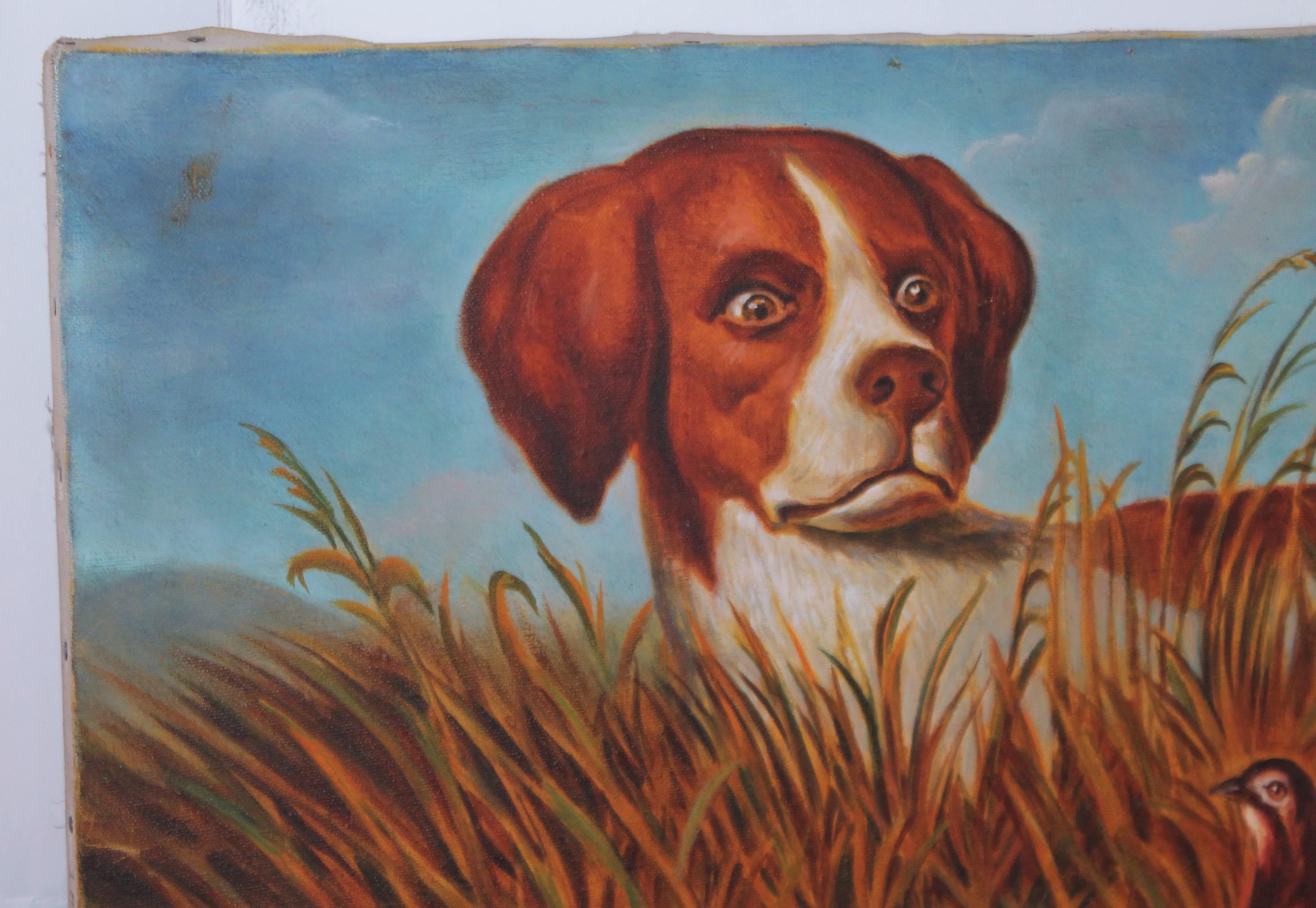 This painting is dated on the stretcher frame 1940 and the large over sized dog is a pointer or know as a bird dog. The birds are quail. This painting is amazing and very well done. The condition is very good and appears to be a small old repair.
