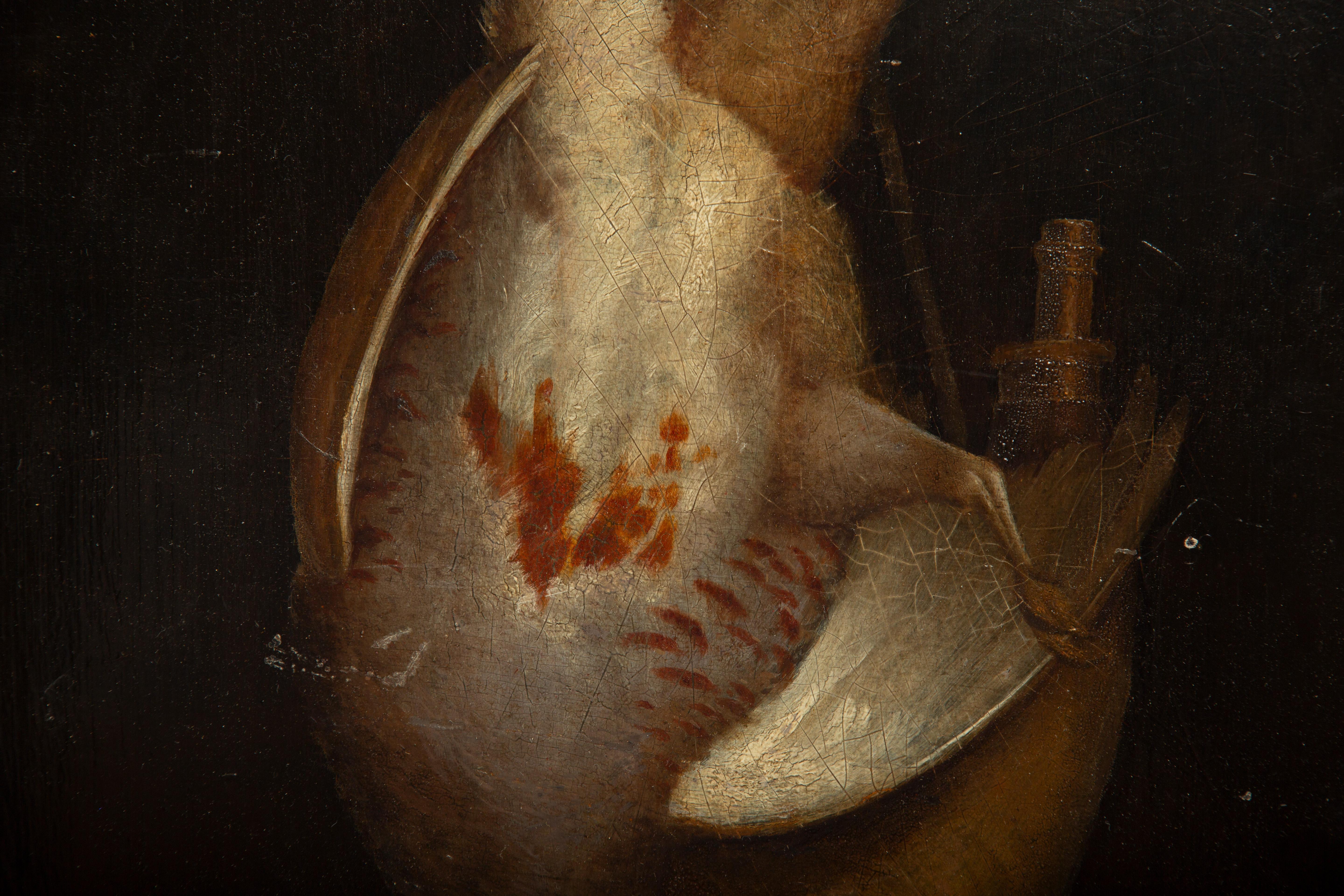 Stillleben des 19. Jahrhunderts (Nature Morte)

Öl auf Leinwand, präsentiert in einem ovalen Rahmen. Dieses stimmungsvolle Stillleben zeigt einen hängenden Wildvogel mit ausgebreiteten Flügeln, der neben einer Flasche vor einem dunklen Hintergrund