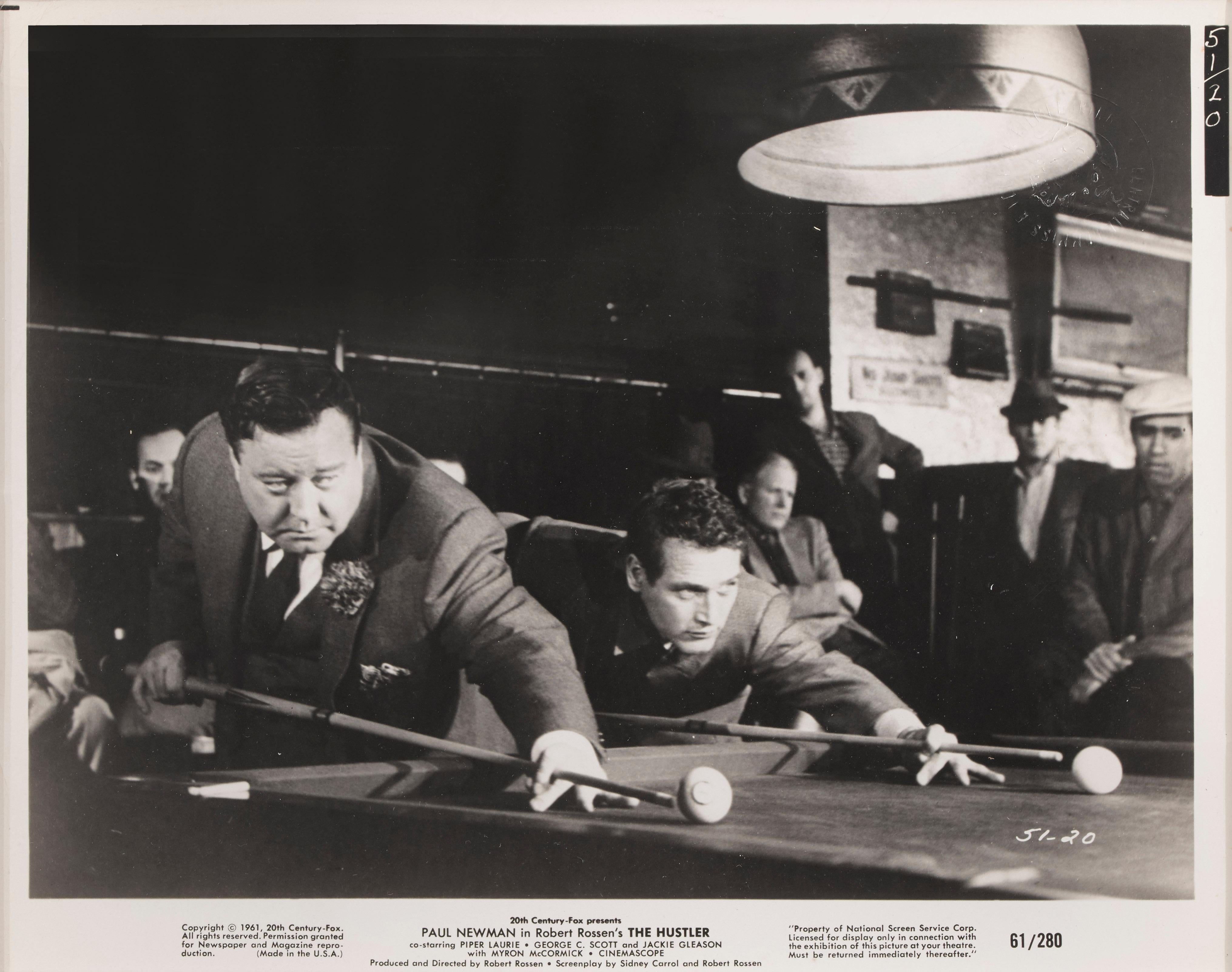 Original US black and white photographic production still for the 1961 drama film THe Hustler .This classic pool Hustling film was directed by Robert Rosse, and stars Paul Newman as 'Fast' Eddie and Jackie Gleason as Minnesota Fats, together with