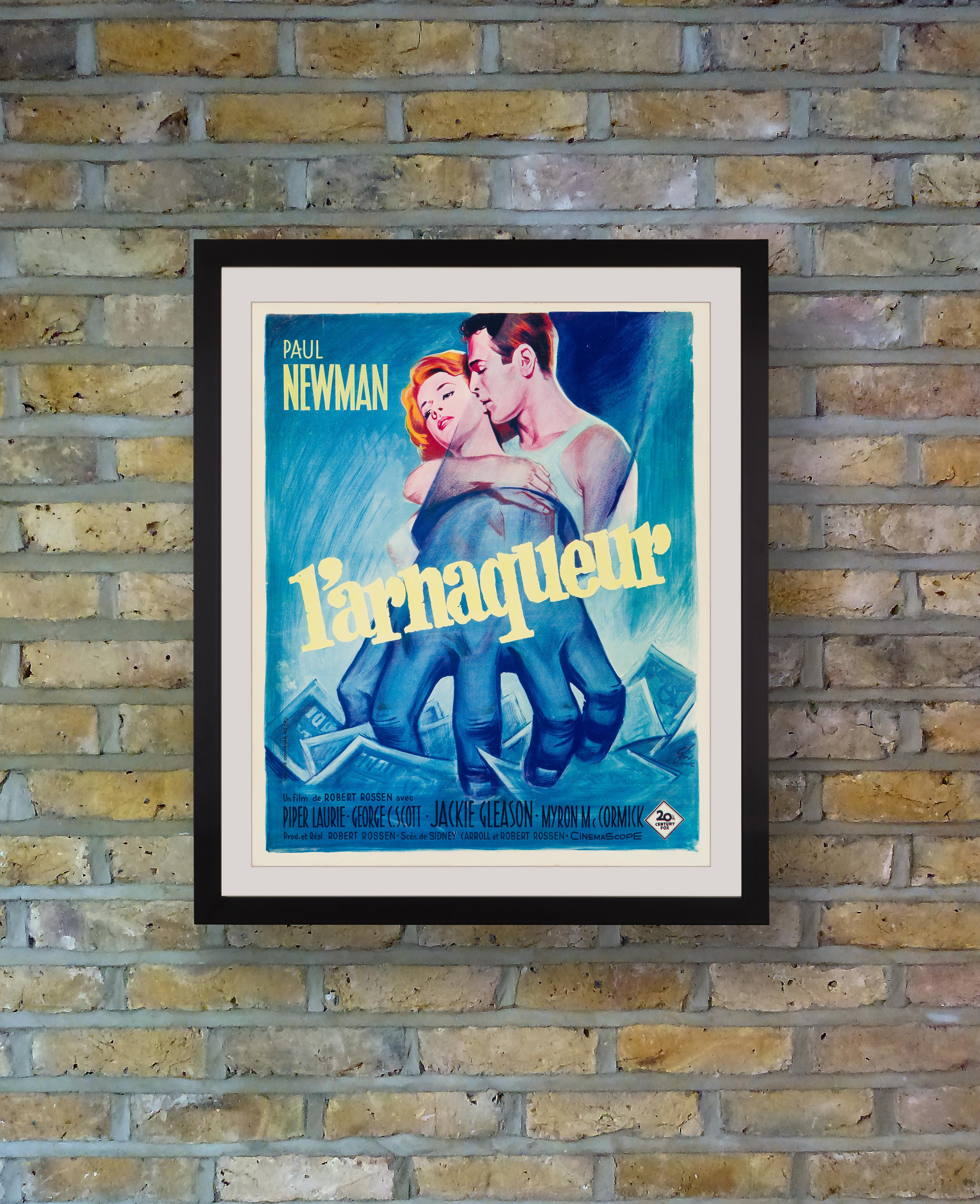 A lush and expressive French petite poster by acclaimed poster artist Boris Grinsson for the first French release of 1961 Classic drama 'The Hustler,' starring Paul Newman as small-time pool shark 