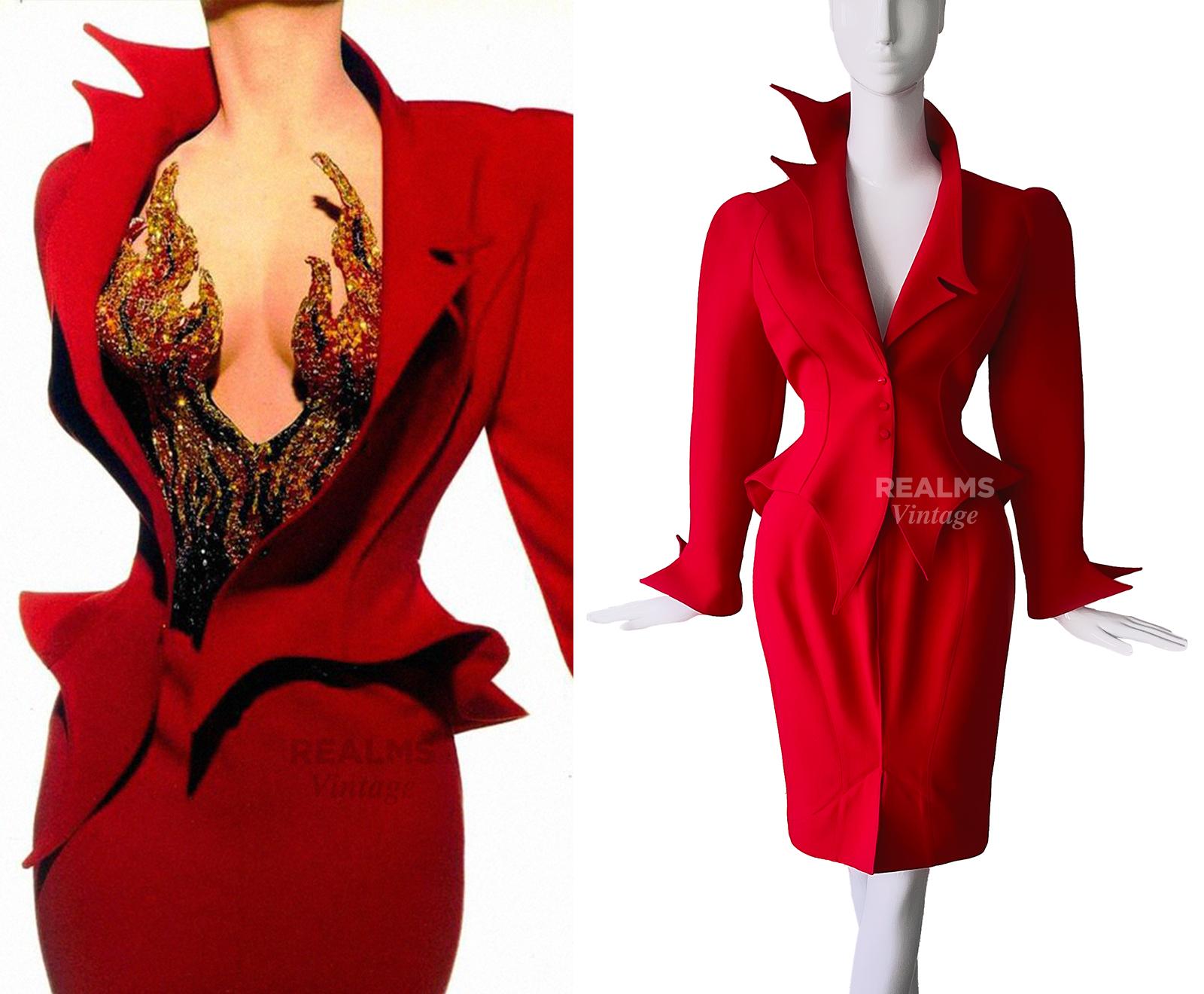 
Museum worthy piece of Fashion History

The fabulous iconic red skirt suit from the Thierry Mugler LES INFERNALES (She Devils) Collection FW 1988/ 1989. Two piece ensemble, jacket and skirt.
Very well documented as well as worn on. the runway by
