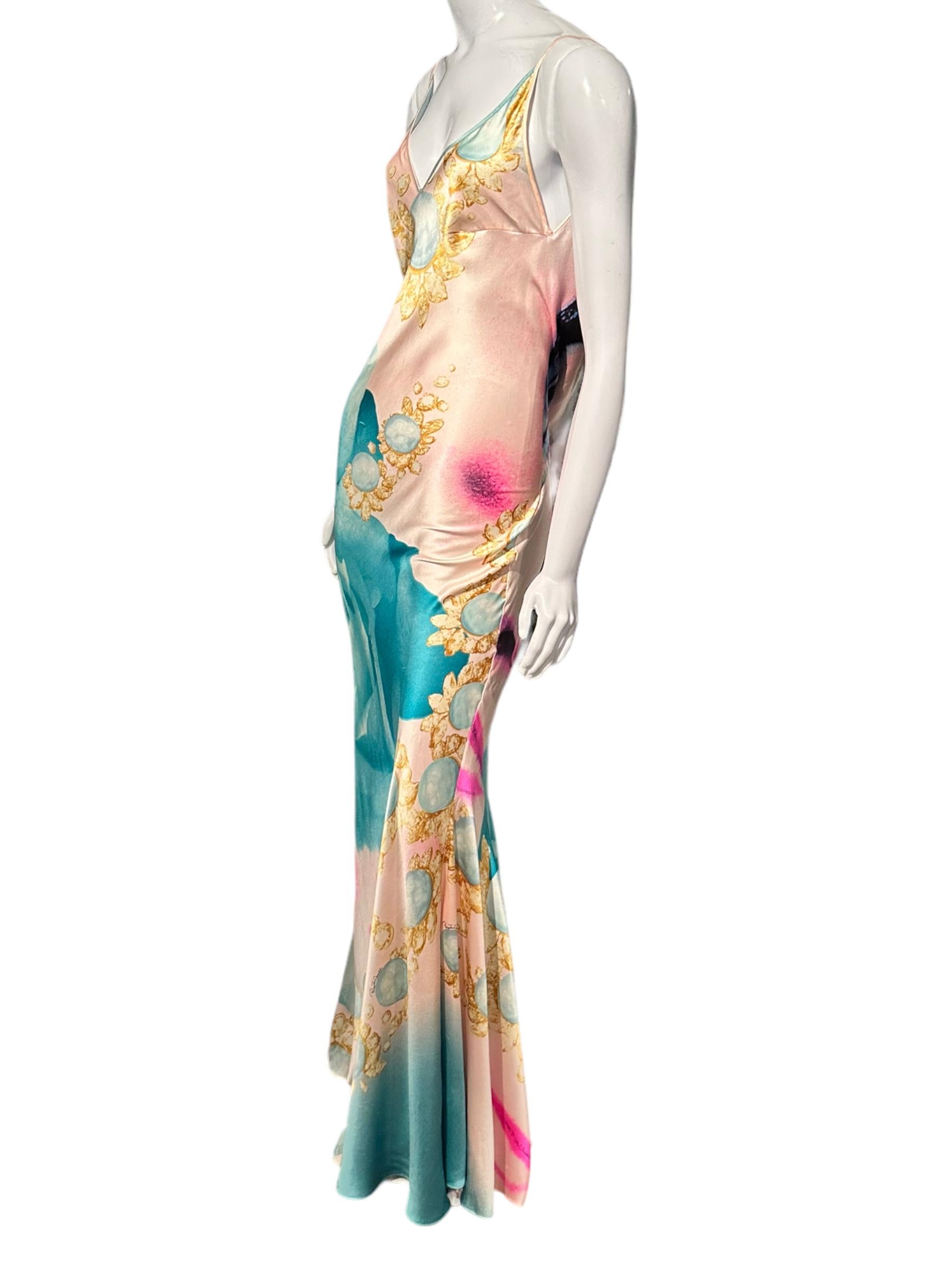 Beige The Iconic Roberto Cavalli Ss 2001 Liz Taylor Print Runway Bias-Cut Silk Gown