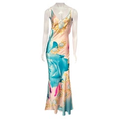 Ikonisches Roberto Cavalli Ss 2001 Liz Taylor Print Laufsteg Schräg geschnittenes Seidenkleid