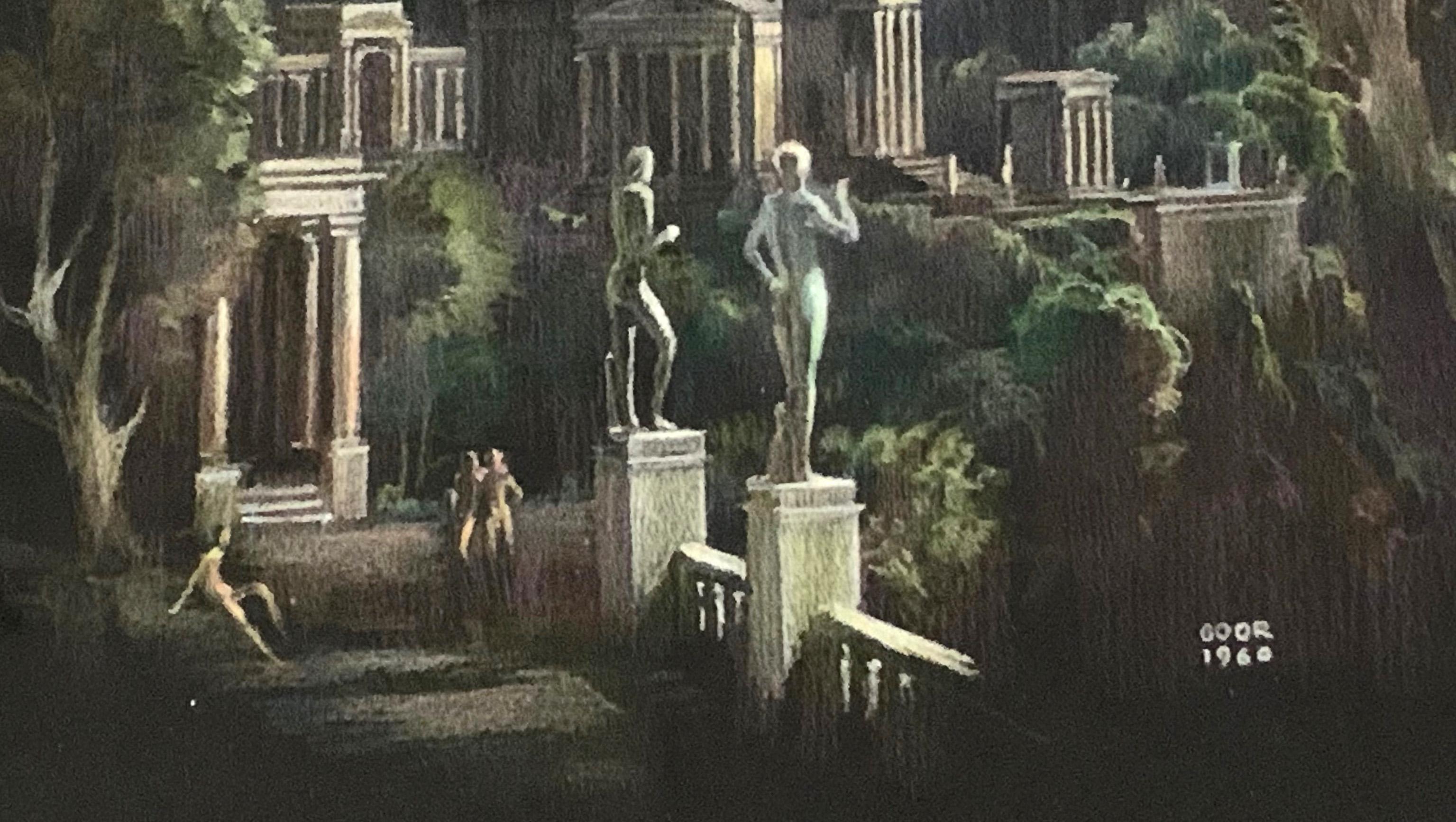 This idealized view of a Greek city of cliffside temples and columned walls climbing a craggy mountain is also the depiction of a homophile Shangri-La, where lithe nude male figures linger along the colonnades, and nude sculptures -- again of male