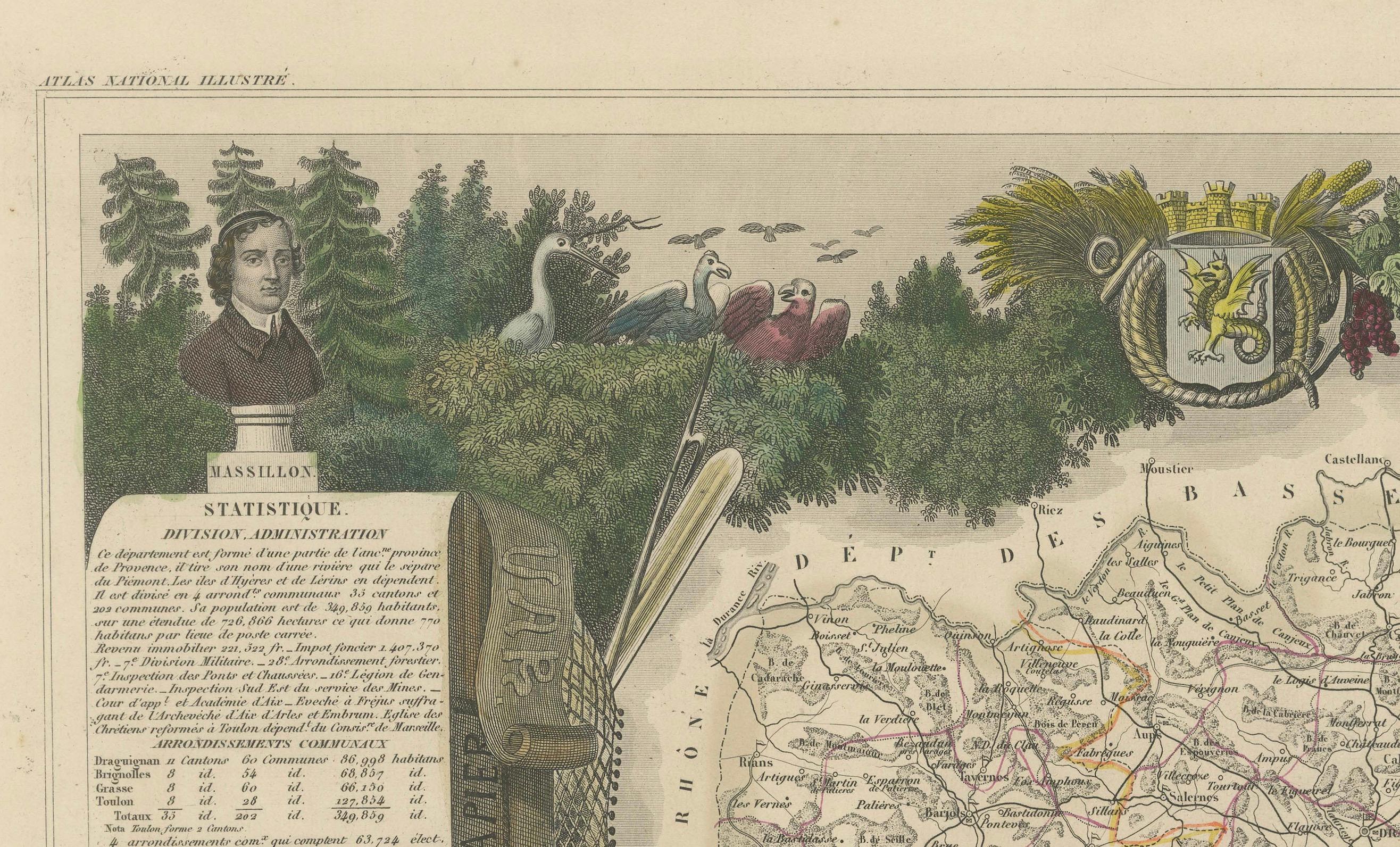 Paper The Illustrated Map of the Var Department from the Atlas National Illustré, 1856 For Sale