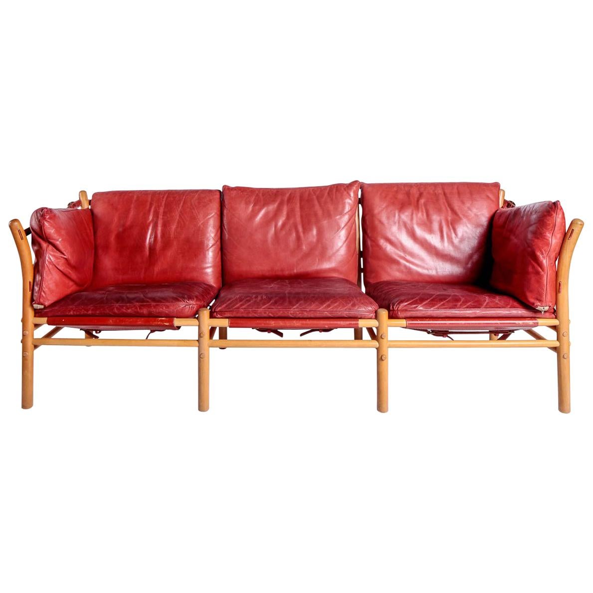 The Ilona Sofa in Red Patinated Leather with Natural Beech Frame by Arne Norell For Sale