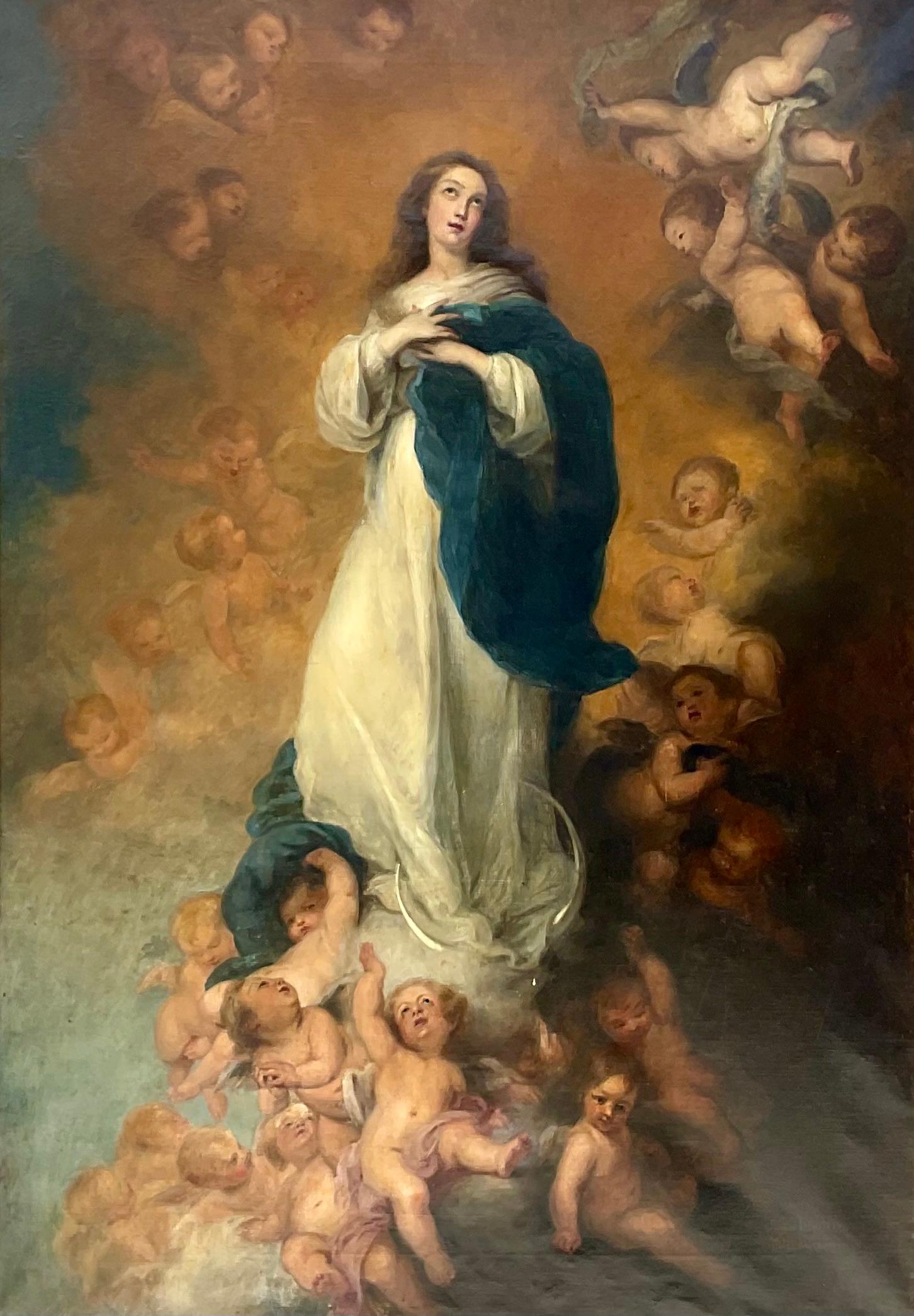 19th Century Oil on Canvas Painting of The Immaculate Conception of Los Venerables, after Bartolome Esteban Murillo. Painting depicts the Virgin Mary dressed in vibrant white and blue robes, hands crossed in divine humility, eyes raised heavenward.