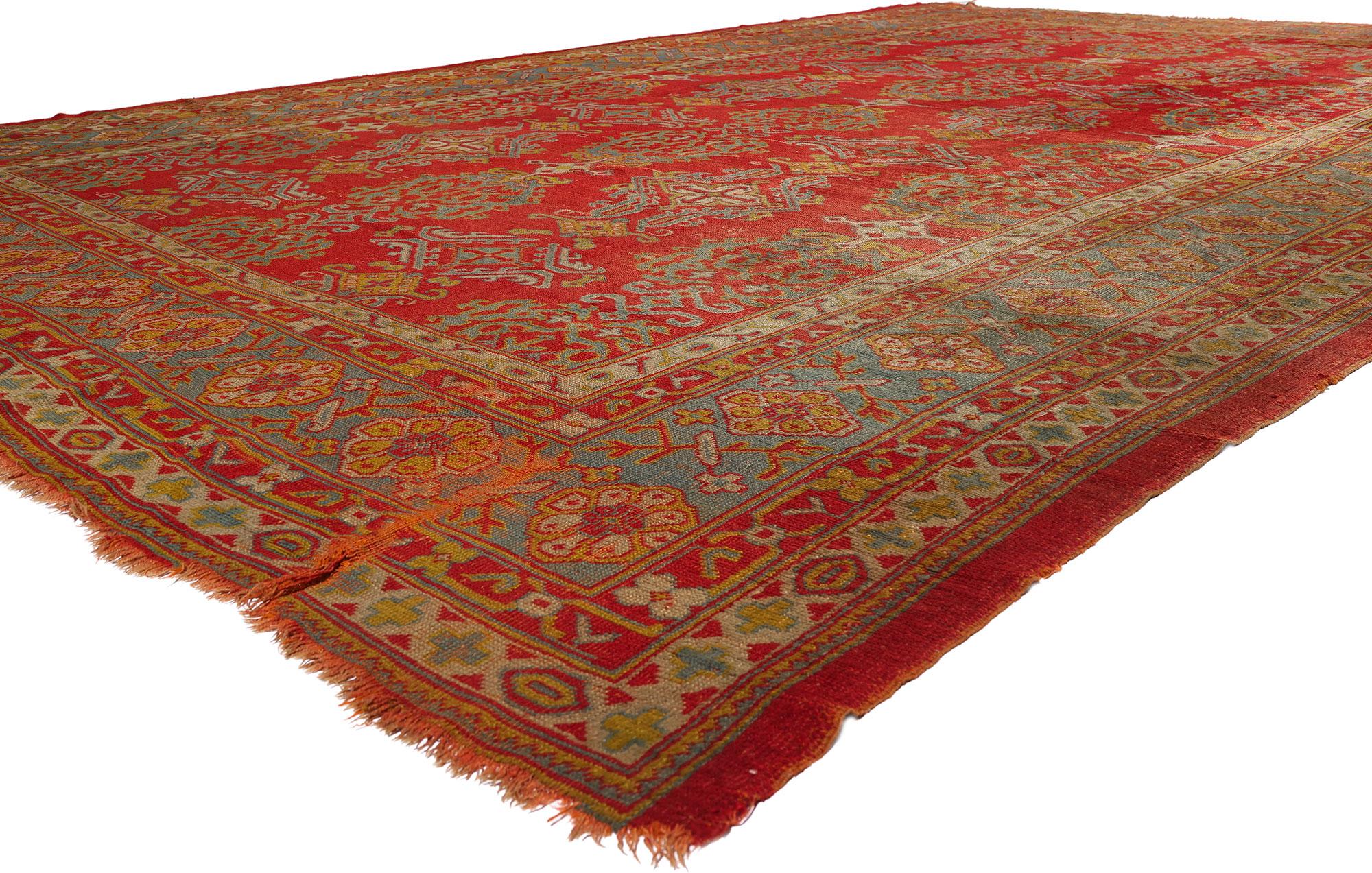 79428 Tapis turc antique Oushak, 11'10 x 17'09. Cet extraordinaire Oushak turc de la fin du XIXe siècle est le type de textile qui appartient aux connaisseurs, aux musées et aux collectionneurs qui comprennent le pouvoir tranquille de la provenance.