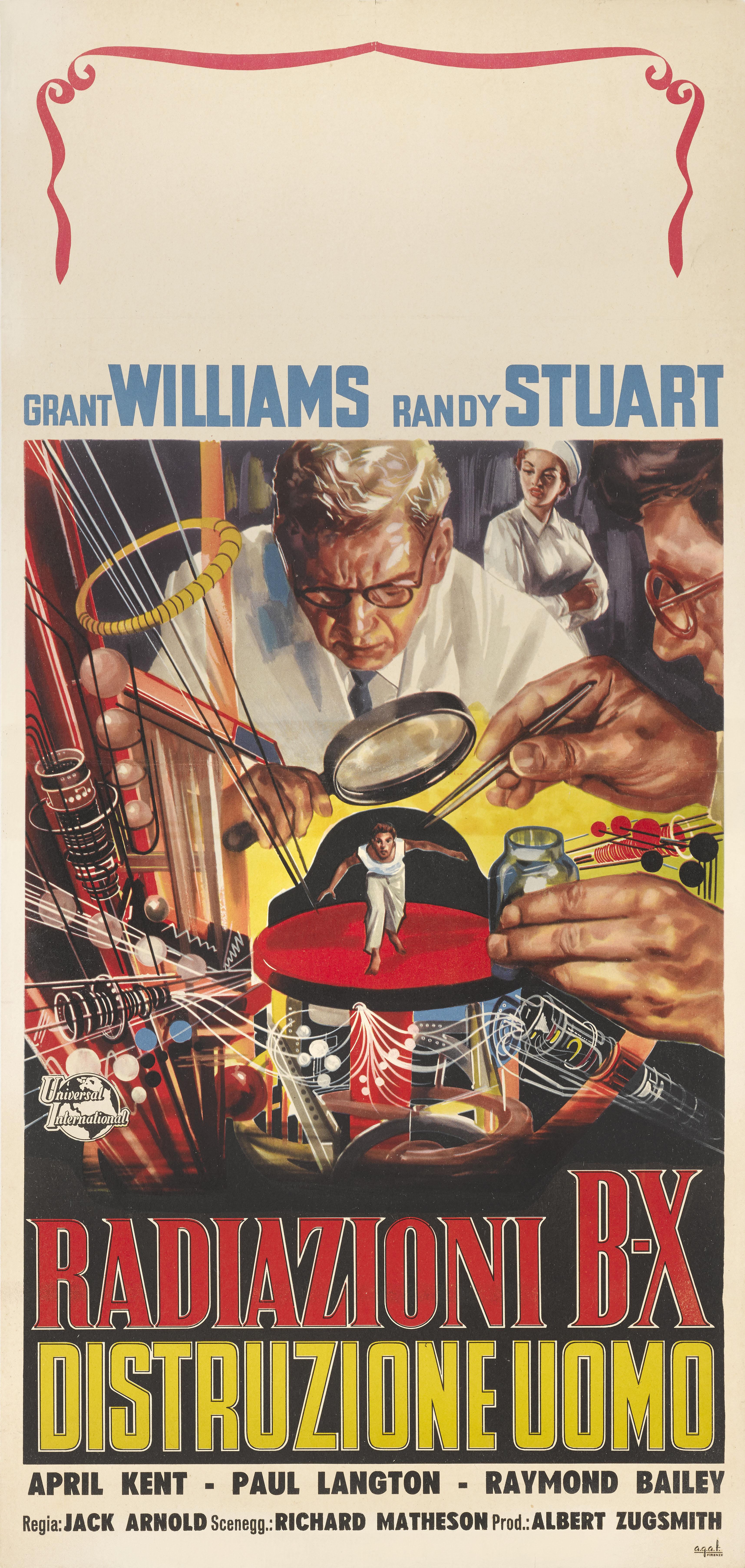 Original Italian film poster for the 1957 Science fiction film The Incredible Shrinking Man.
This poster would have been used outside the cinema in a display case at the time of the films release. This film starred Grant Williams, Randy Stuart,