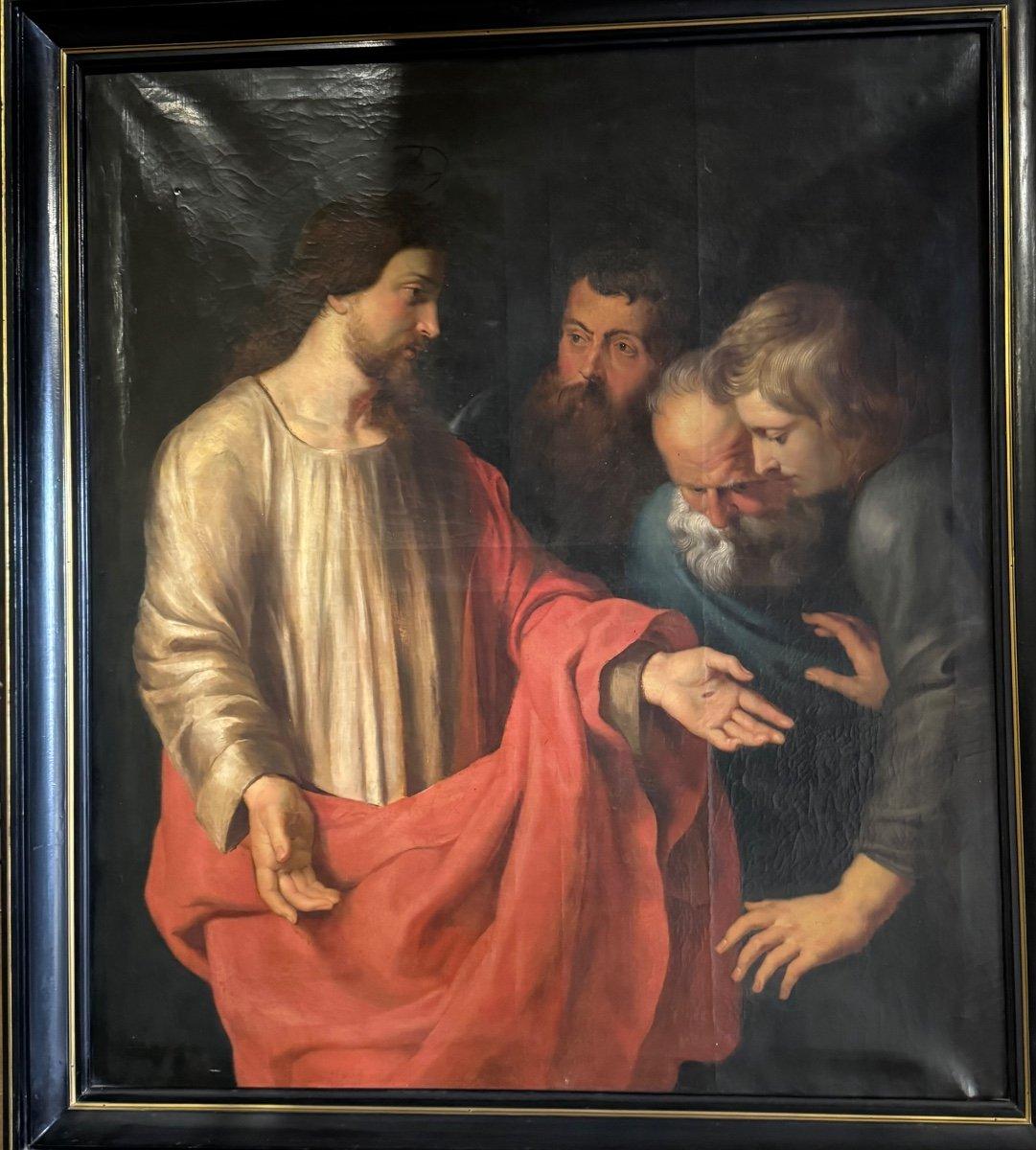 Huile sur toile « The Incredulity Of Saint Thomas » d'après le Triptyque de Rubens, vers 18 Bon état - En vente à Honnelles, WHT