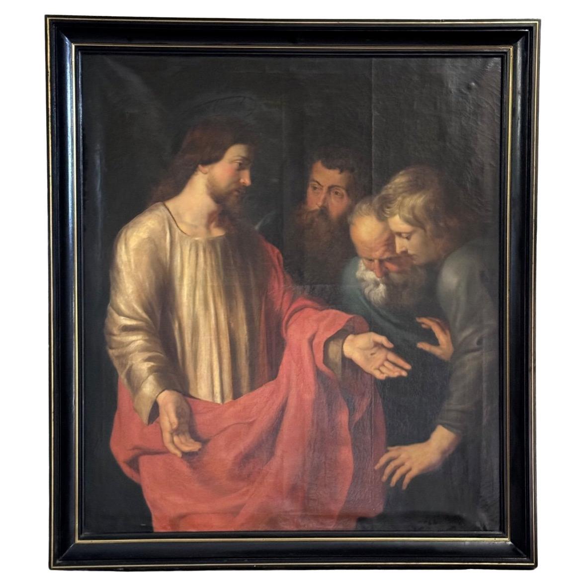 "The Incredulity Of Saint Thomas” Oil On Canvas After Rubens' Triptych, Circa 18 For Sale