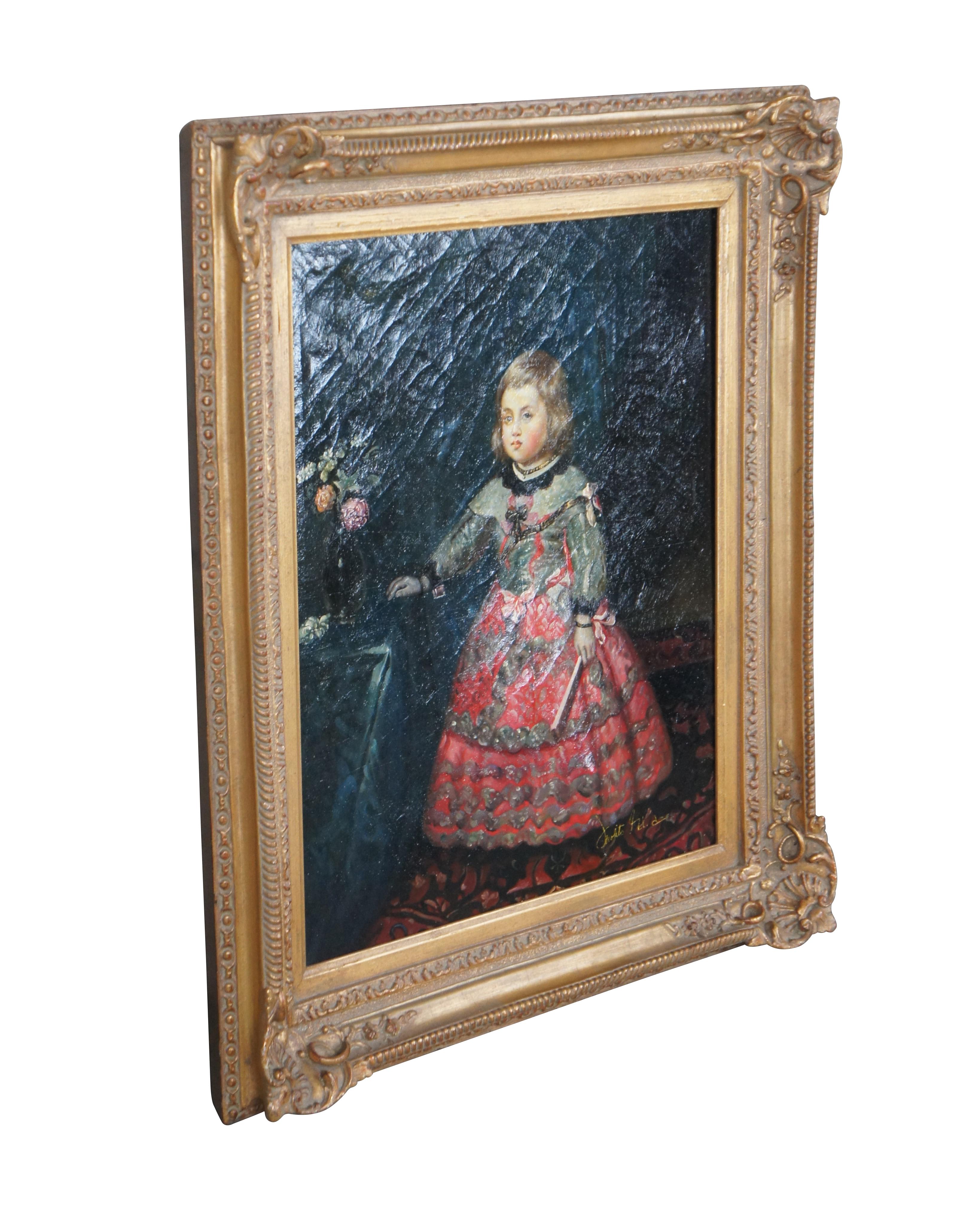 Still Life Portrait of the Infant Margarita Teresa, After Diego Velazquez.  The oil painting is on canvas and signed lower right.  Framed in Baroque manner with ornate detail, scalloped corners and gold finish.   

Dimensions:
31.5