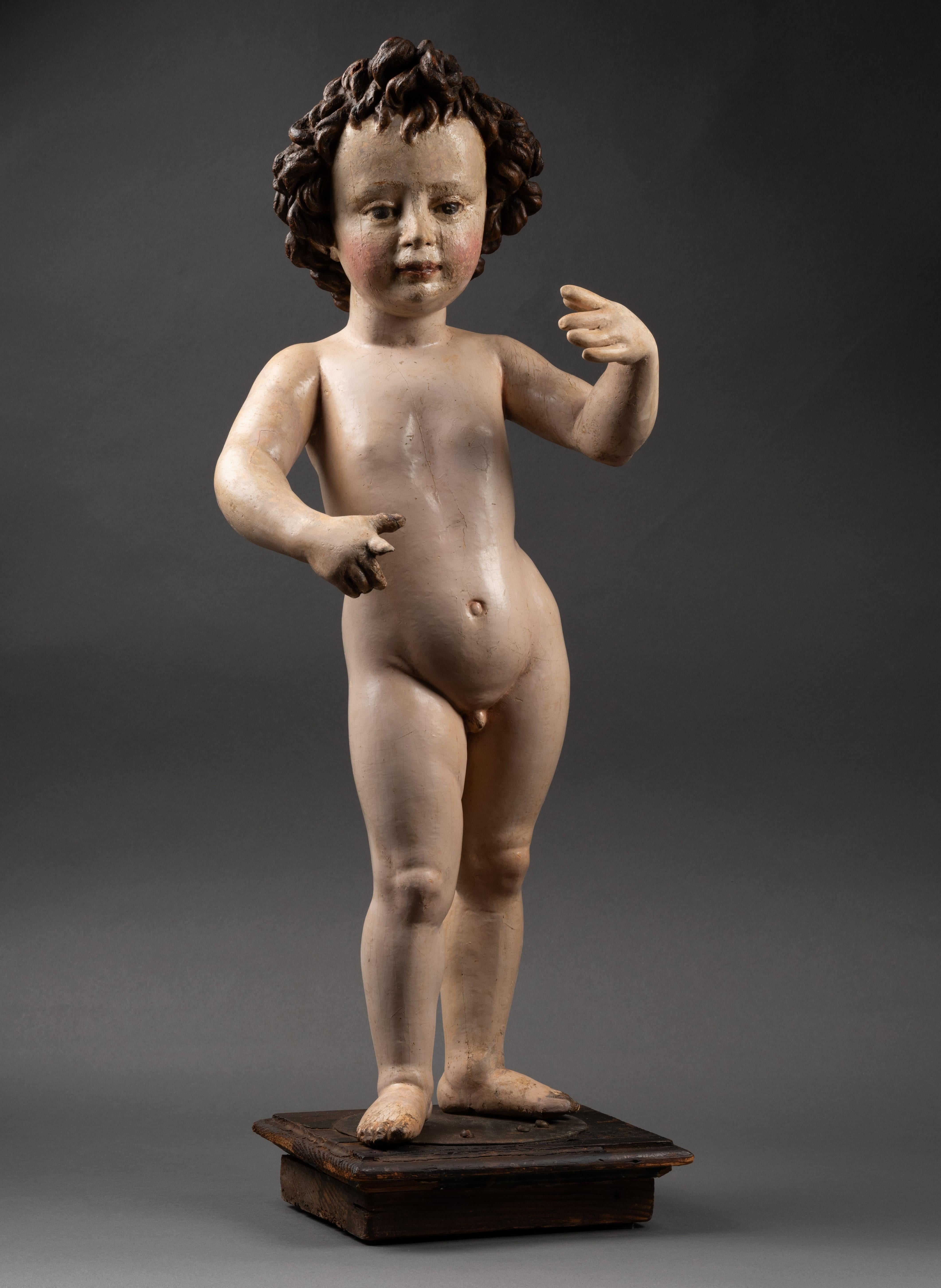 The Infant St John the Baptist,
A first half of 17th century Sevillian School
Cercle of Juan de Mesa Velasco (Córdoba, 1583 - Séville, 1627)
Polychrome and carved wood
Height: 65 cm

This charming, intricately carved polychrome wooden statue finds
