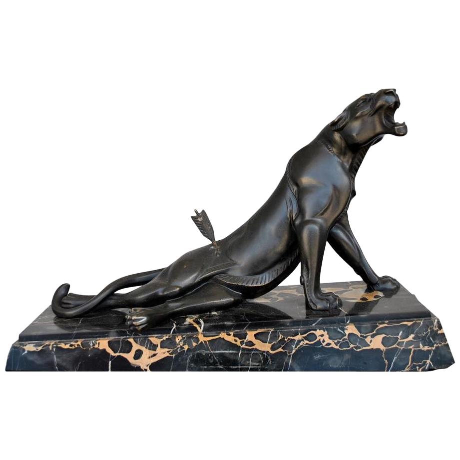 "The Injured Panther" 1930s Bronze Sculpture by A. Carvin