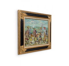 Dipinto paesaggistico impressionista raffigurante bagnanti, opera d'epoca, 23x29