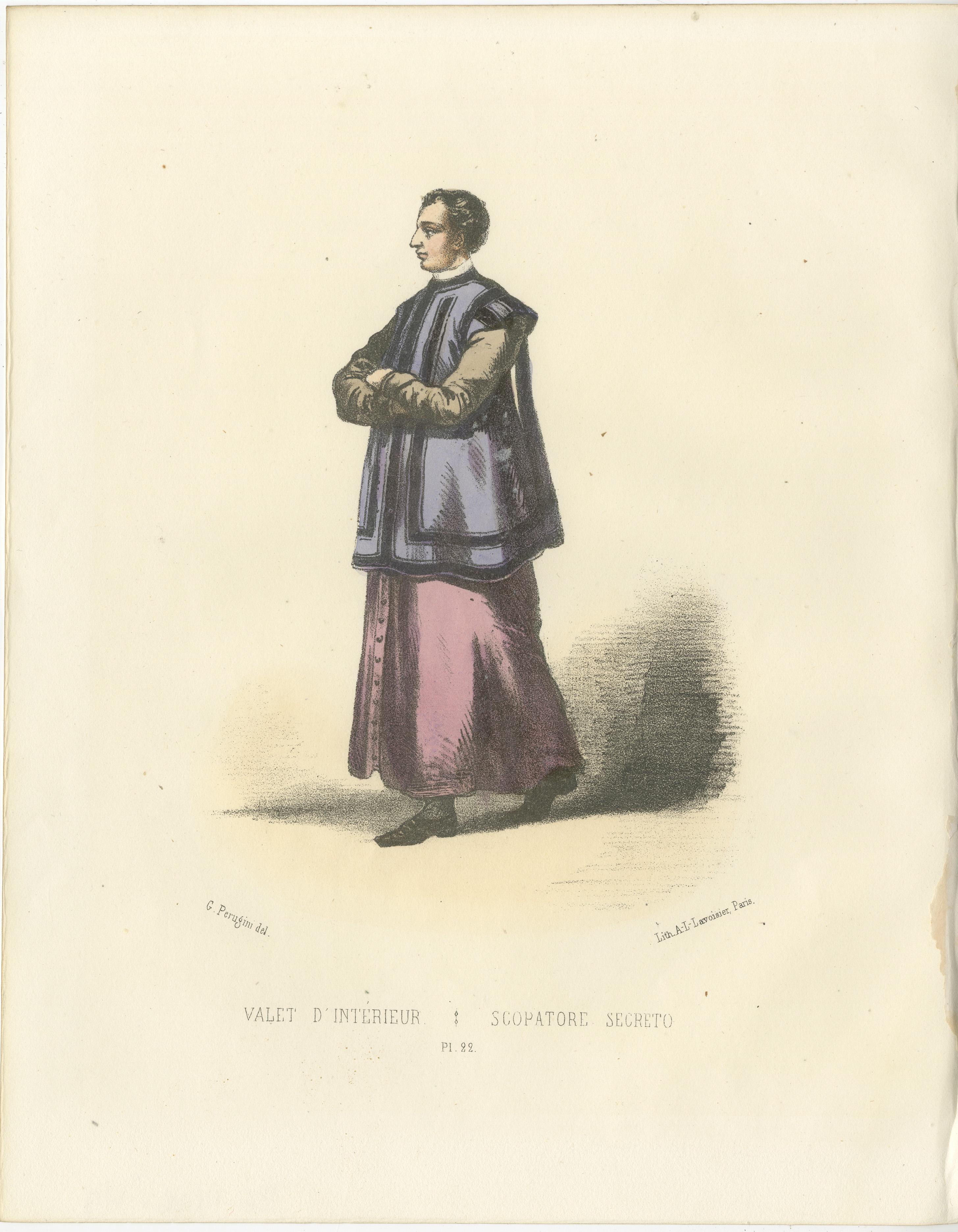 The Interior Valet: Handkolorierter Druck, Tafel 22, 1862  

Diese detailreiche, handkolorierte Lithografie mit dem Titel The Interior Valet (Der Kammerdiener) ist Tafel 22 aus der zweiten Ausgabe von Album ou Collection Complète, et Historique des