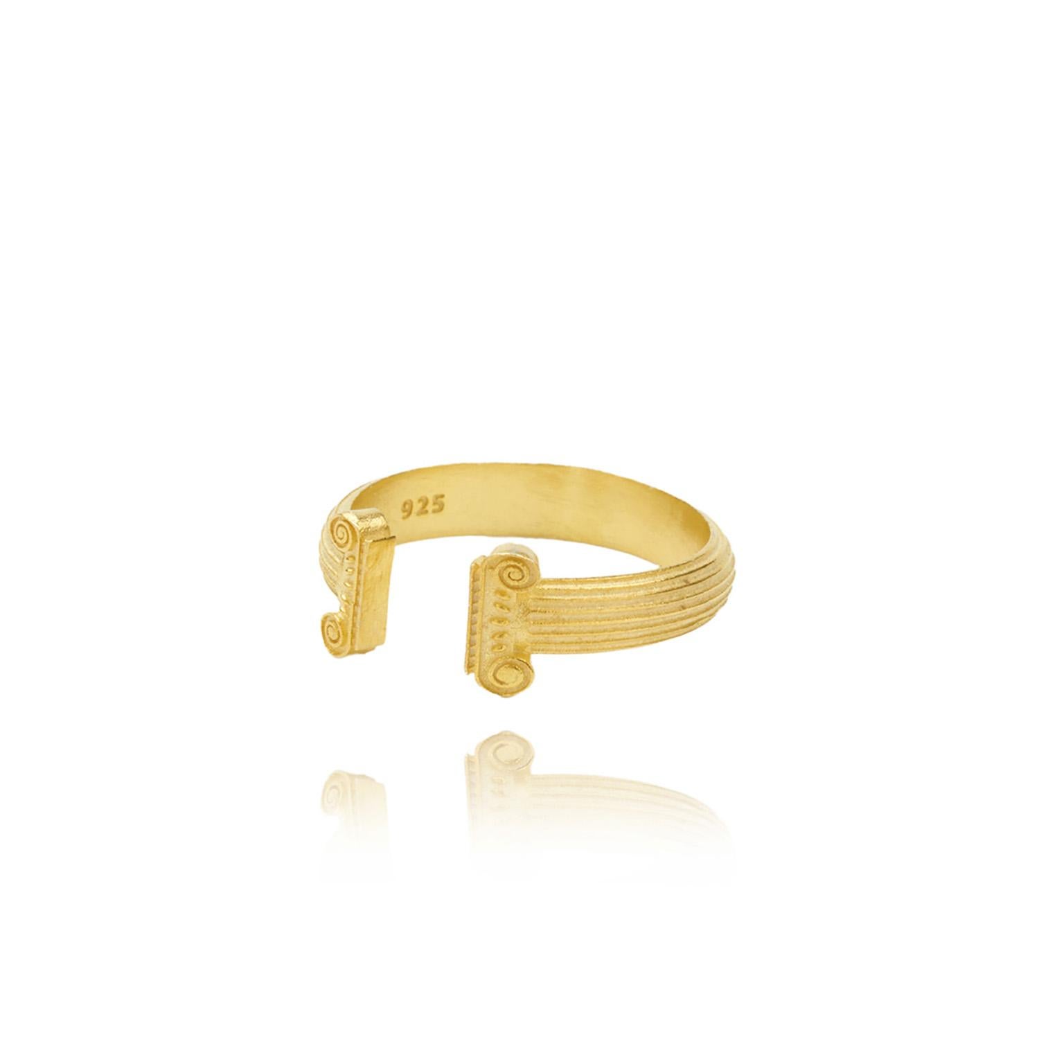 The Ionic Ring, crafted in luxurious 22K Gold Vermeil and 925 Sterling Silver, is inspired by the timeless elegance of the Temple of Athena Nike. This iconic Ionic tetrastyle temple, completed around 420 BC, stands as a testament to the refined