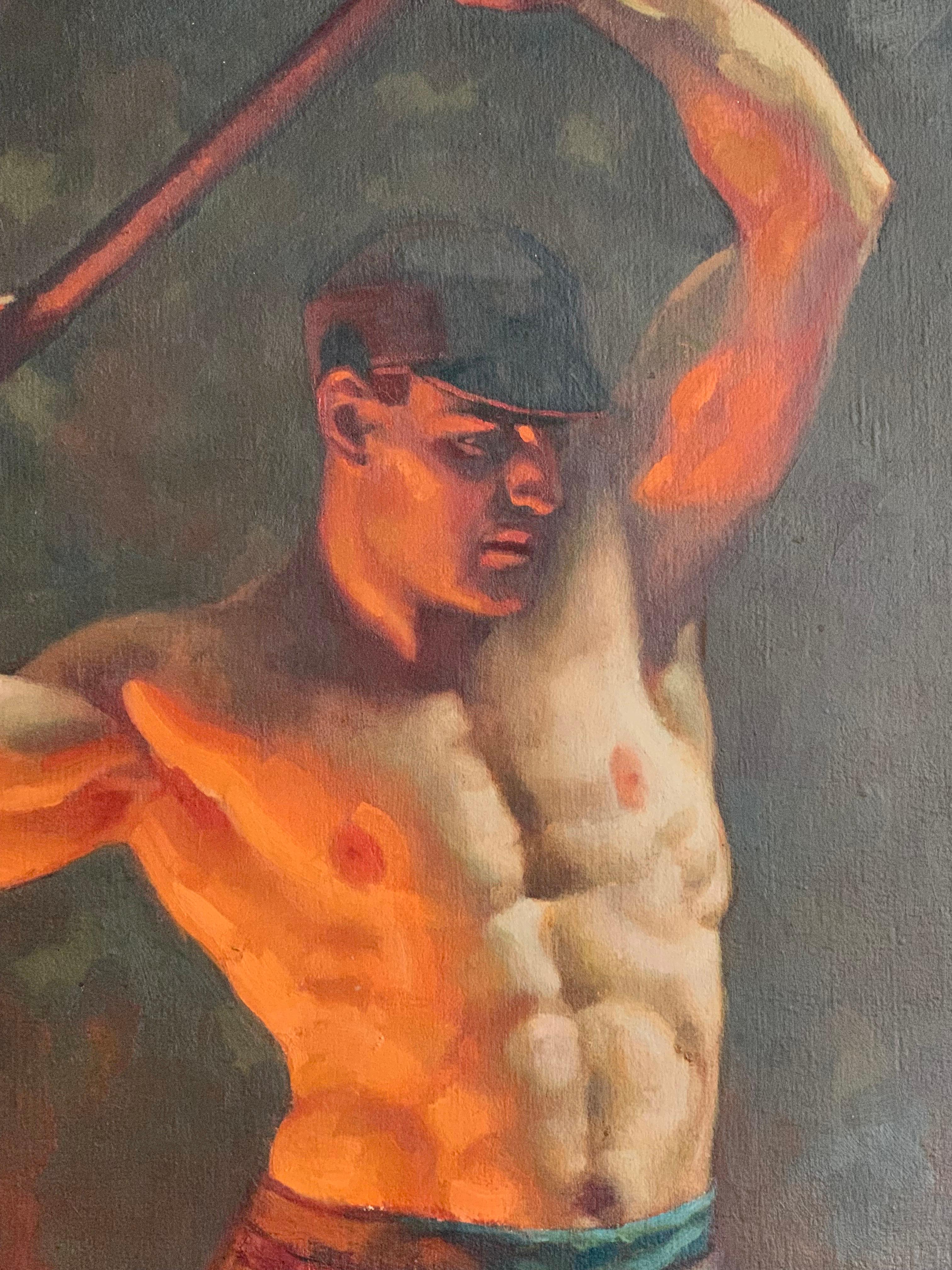 To our knowledge, this painting of an ironworker with his Hammer raised behind him, glowing from the furnace nearby, is the most important of a series of paintings by John Garth depicting American Industrial workers in the 1920s and 1930s. An