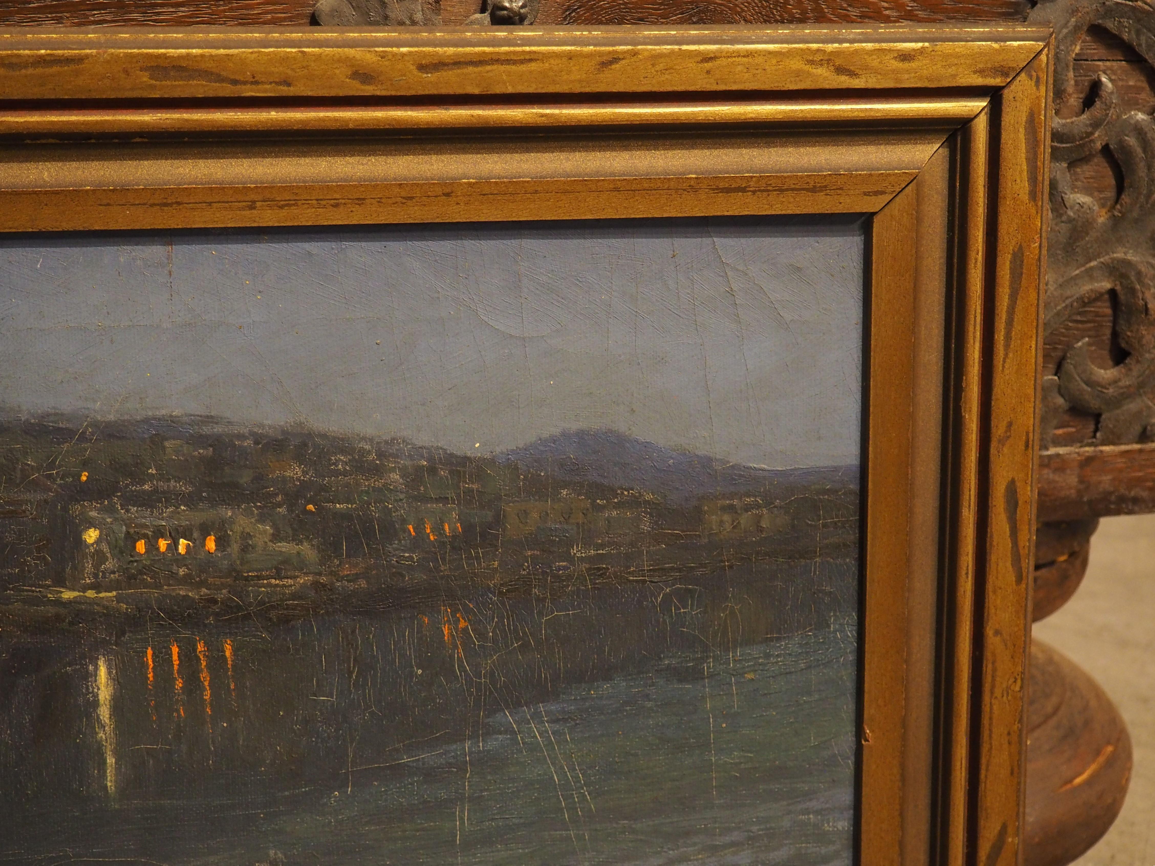 Peint à la main The Italian Seaside at Night, peinture à l'huile sur toile de Nicola Ascione (1870-1957) en vente
