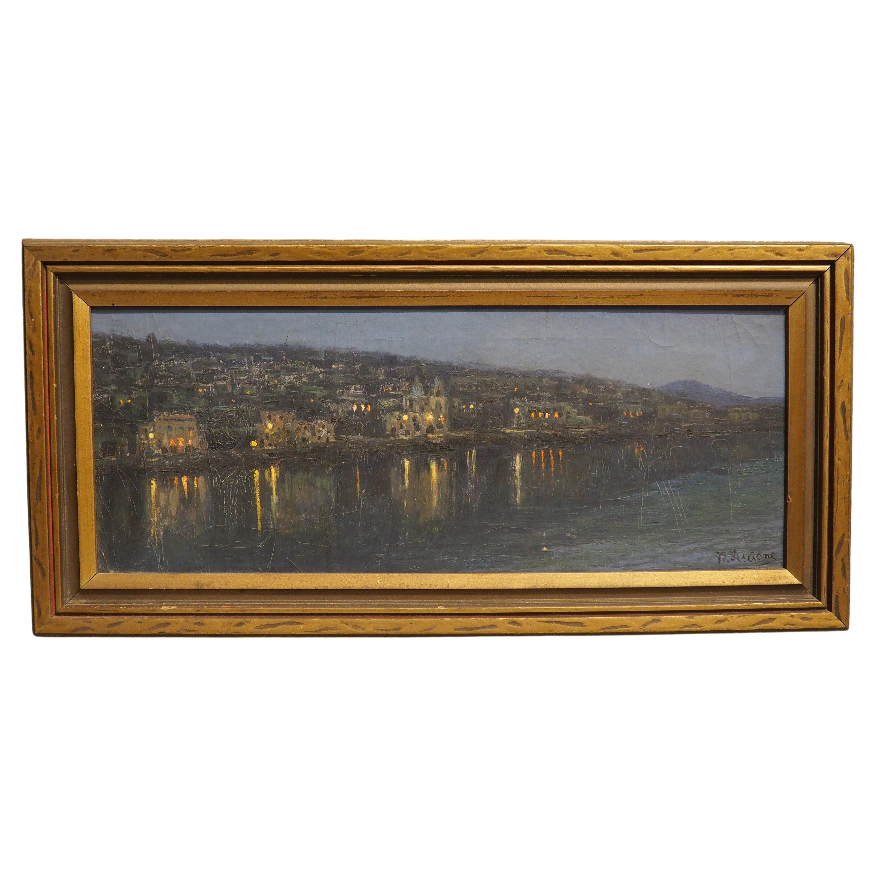 The Italian Seaside at Night, peinture à l'huile sur toile de Nicola Ascione (1870-1957) en vente
