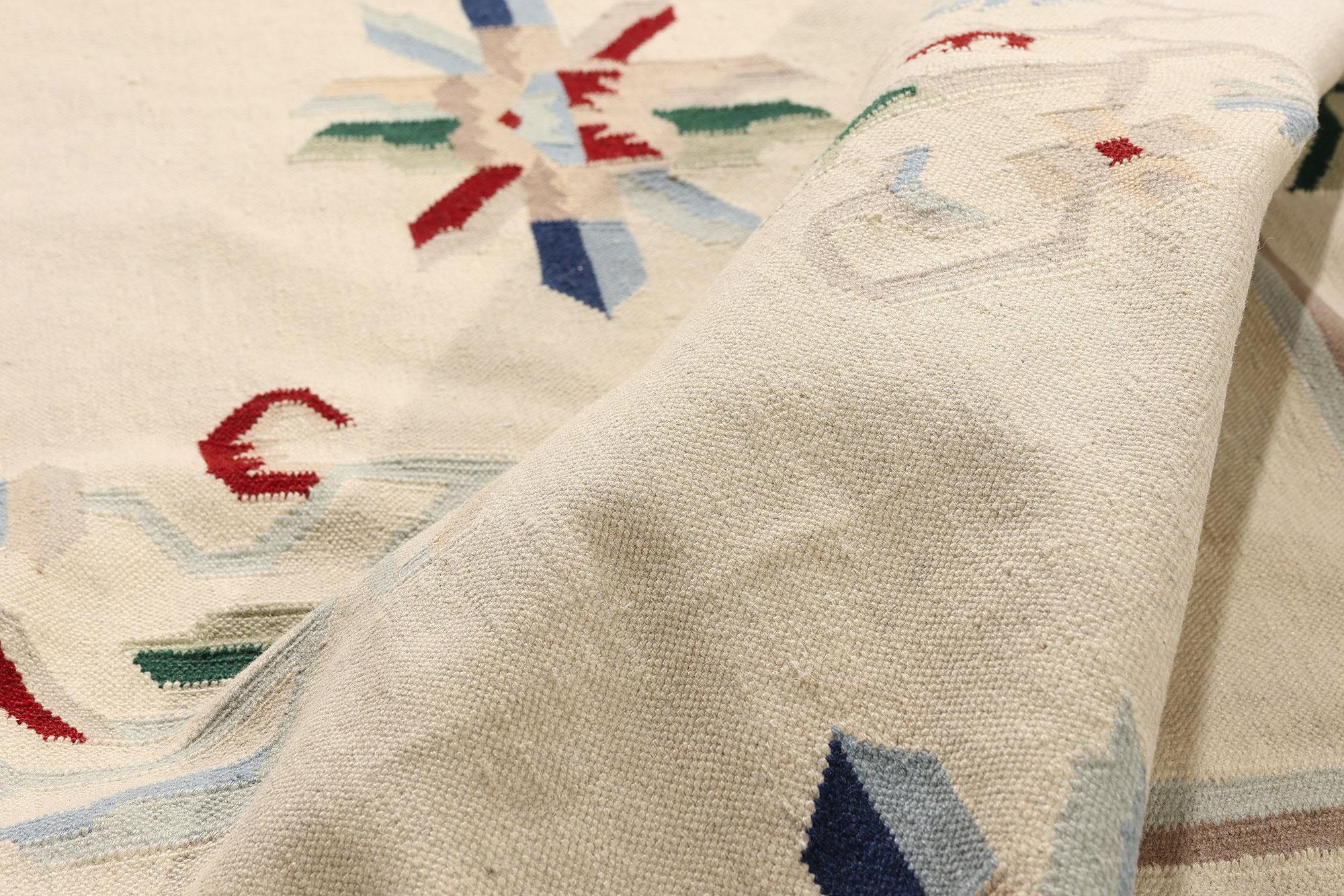 20th Century The Ivory Abstraction: A Vintage Indian Dhurrie Rug of Mid-Century Elegance For Sale