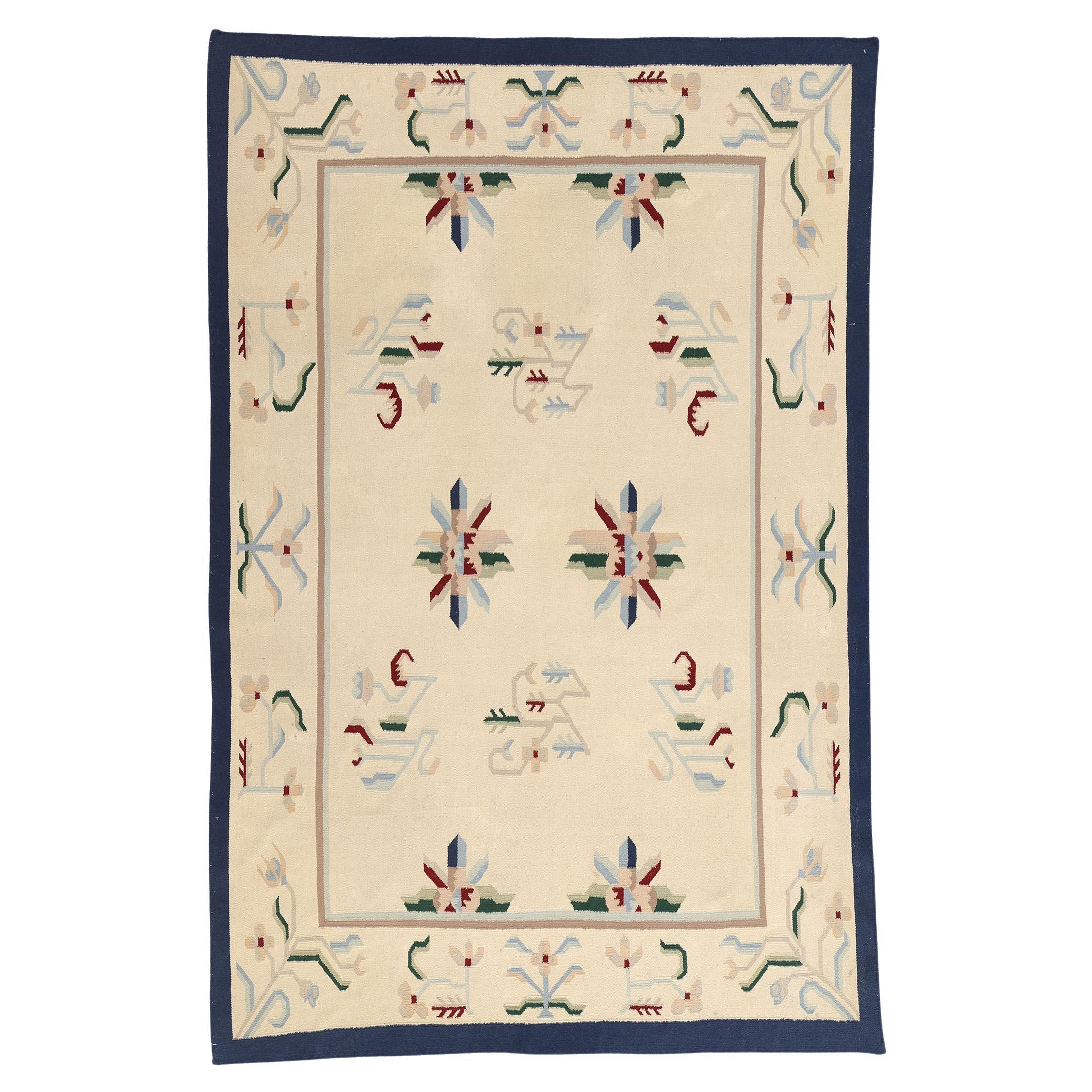 The Ivory Abstraction: A Vintage Indian Dhurrie Rug of Mid-Century Elegance